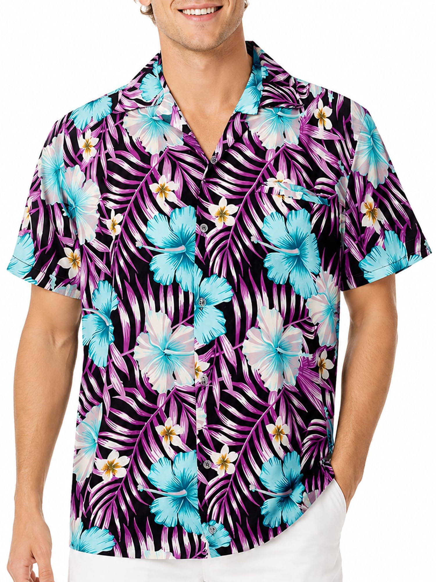 King Kameha Floral Hawaiian Shirt for Men – Tropical Men’s Hawaiian Shirt Short Sleeve, Tropical-Hibiscus, Black-Purple, XS