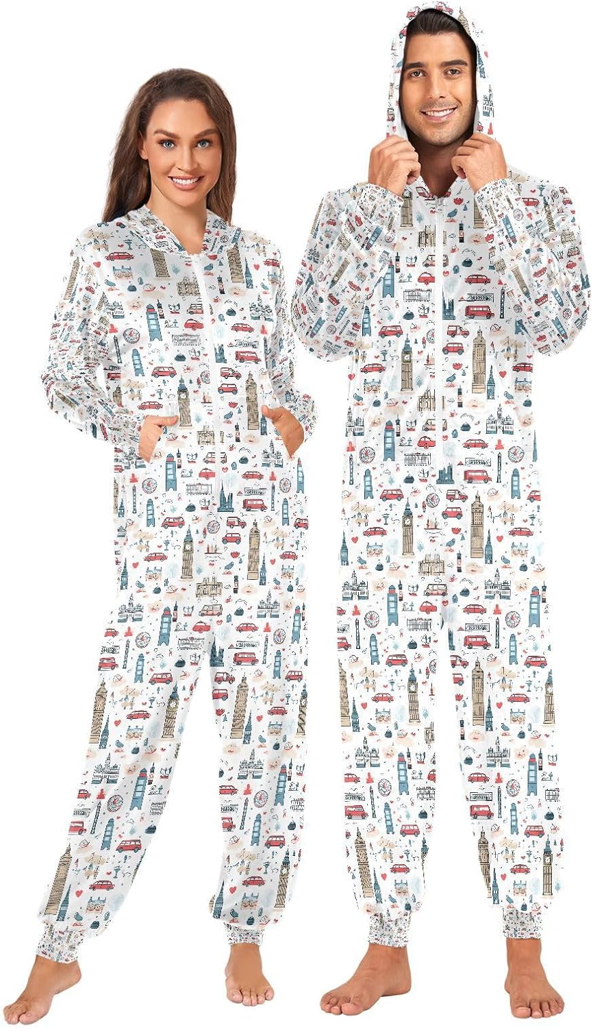ALAZA Cartoon Big Ben London Cityscape Unisex Onesie Hoody Pajamas Jumpsuit One-Piece Sleepwear for Men Women