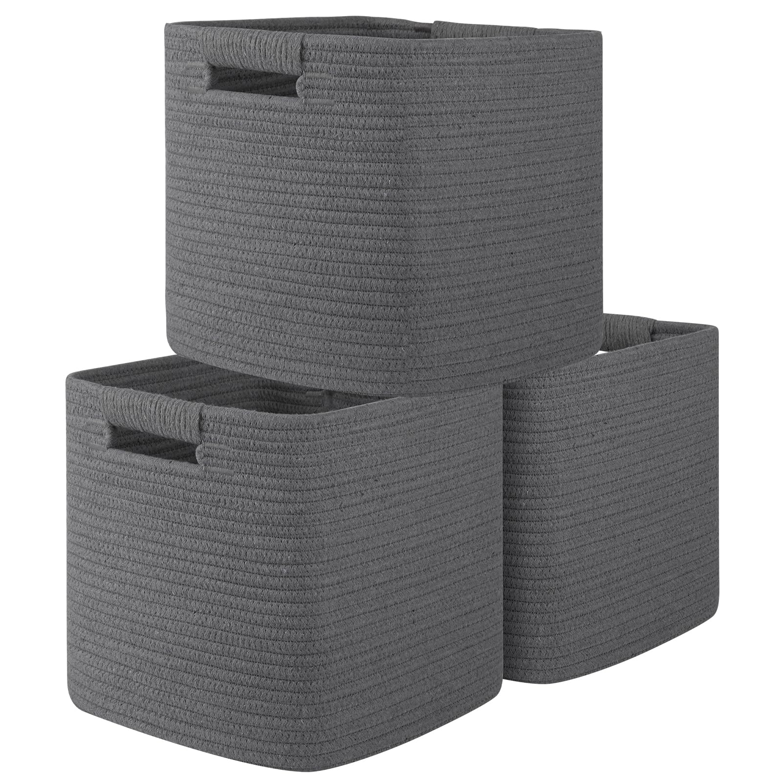 OIAHOMY Cubos de almacenamiento de 11 pulgadas, paquete de 3, cestas tejidas de cuerda de algodón para organizar, cestas cuadradas para organizar estantes, aula, cesta de juguetes, gris oscuro