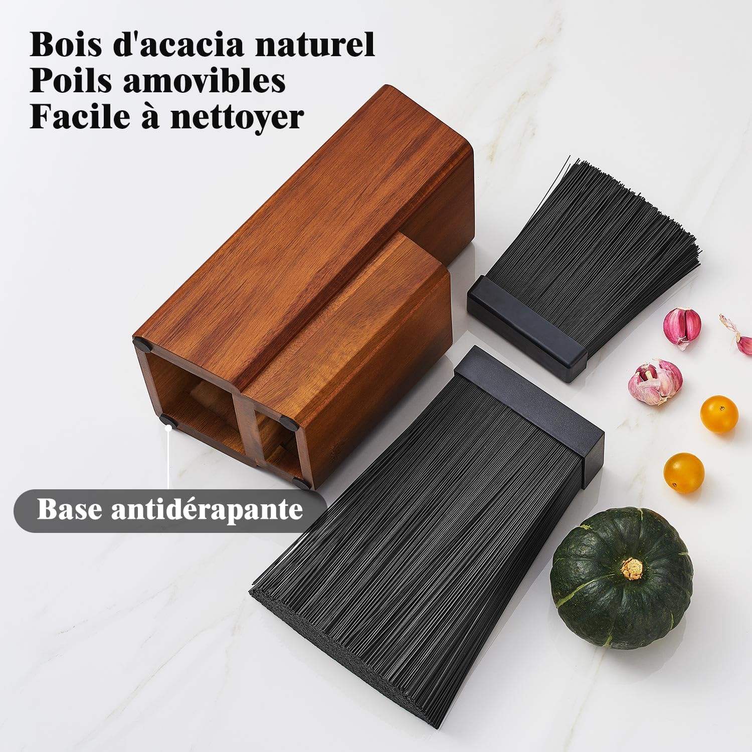 ENOKING Bloc Couteaux Cuisine, Porte Couteaux de Cuisine en Bois d'acacia, Range Couteaux de Cuisine avec poils en plastique Amovibles, Universel Support Couteau de Cuisine