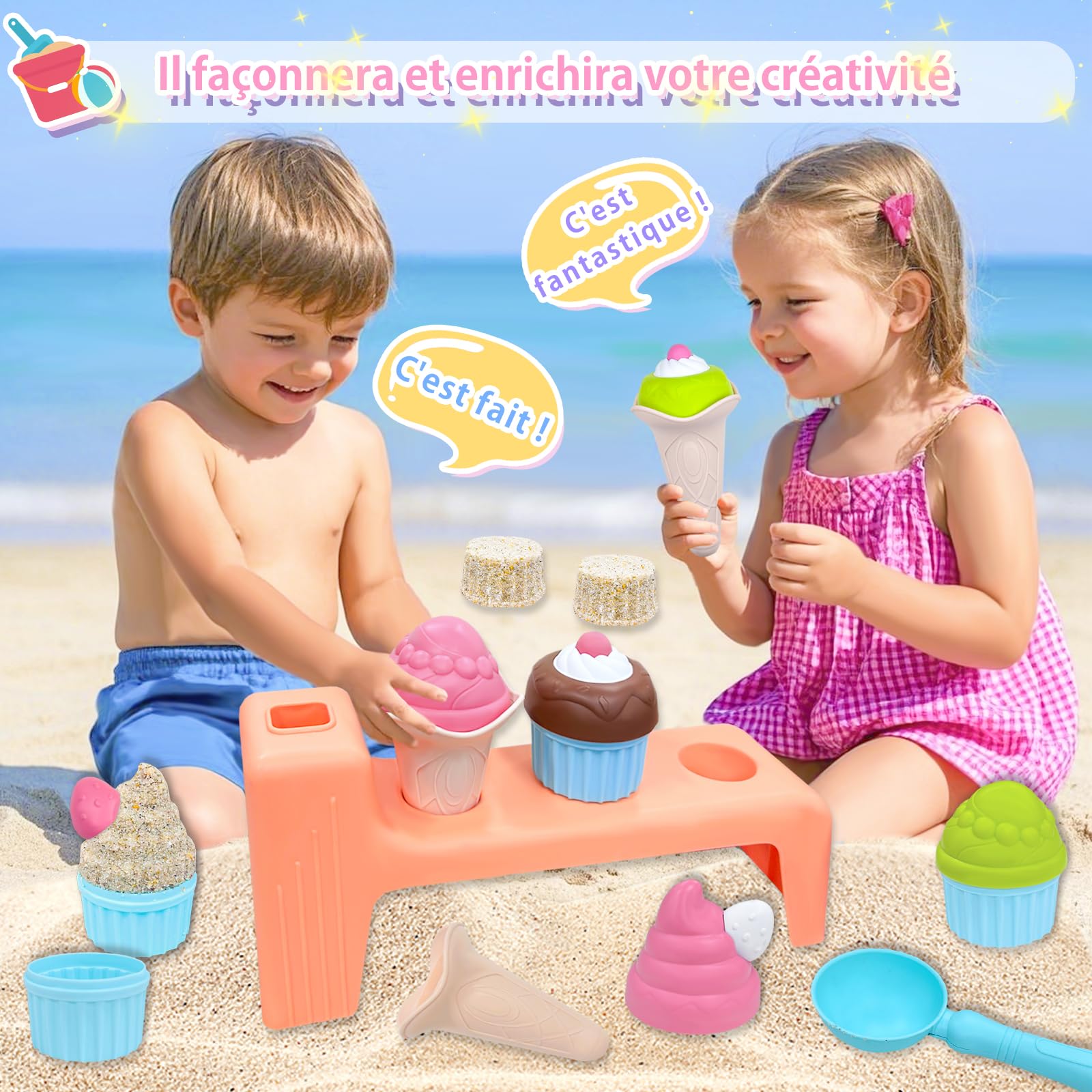VBACALA BACALA Jouets de Plage, Jouets de Crème Glacée pour Enfants, Pelle de Sable, Moulage de Crème Glacée, Jouet de Gâteau de Plage, Jeux de Rôle de Plage pour Les Enfants âgés de 3 Ans et Plus