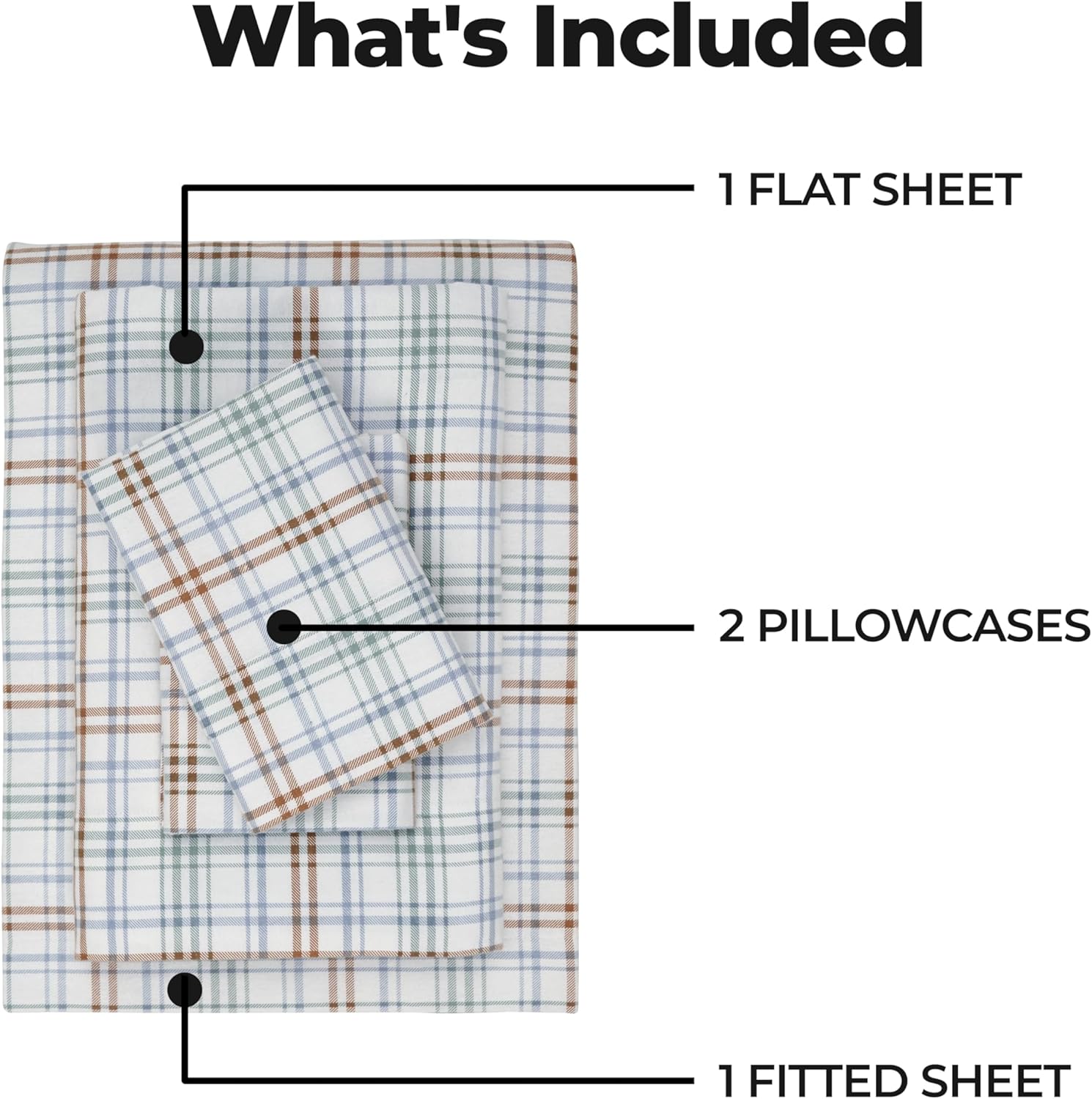 Superior Plaid Flannel Cotton Sheet Set, Fuzzy Warm Sheets, Rustic Farmhouse Bedding, Basics, Includes; 1 Flat Sheet, 1 Elastic Deep Pocket Fitted Sheet, 1 Pillowcase, Twin, Green/Rust