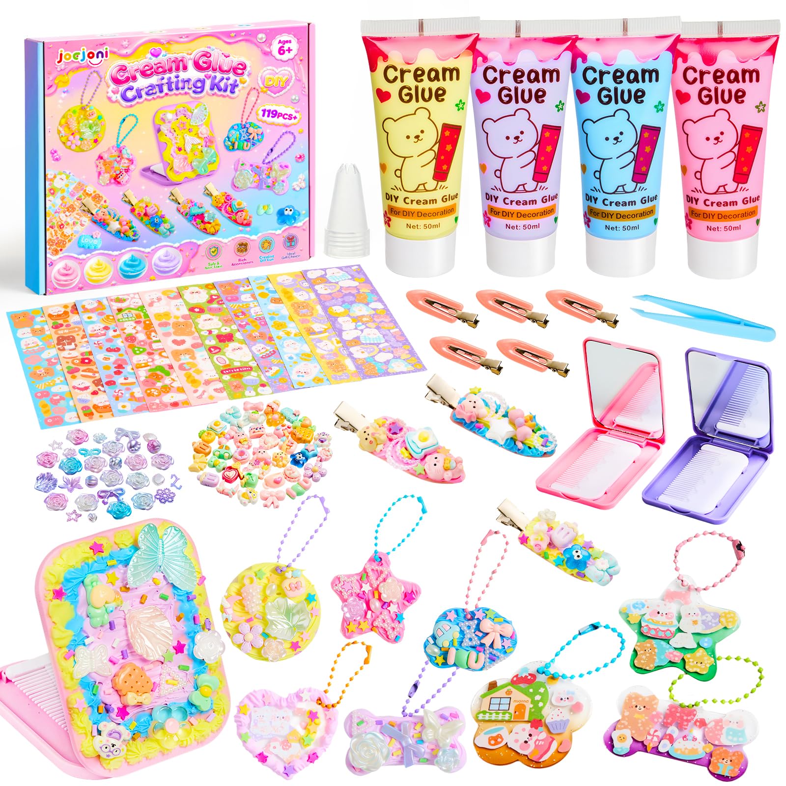 JOEJONI Cream Glue DIY Craft Kit for Girls, Cream Glue Decoden Kit, Make Your Own Keychain, Decorative Mirrors & Hair Clips, Creative Arts & Crafts Gift for Kids Age 6+