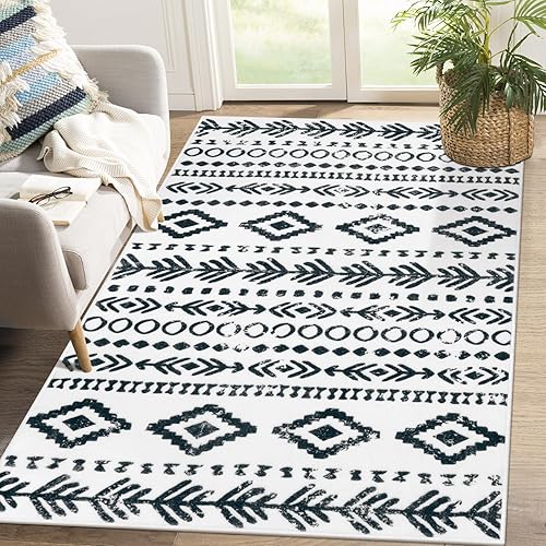 Lahome Alfombra marroquí bohemia para sala de estar, de 4 x 6 pies, lavable, color negro y blanco, antideslizante, alfombra tribal suave de pelo