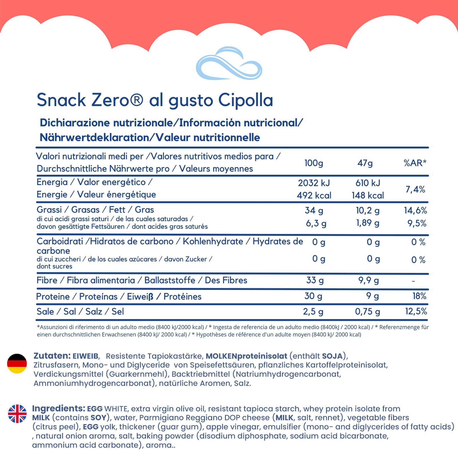 Nuvola Zero – Snack Zero mit Zwiebelgeschmack, zuckerfreie Proteinsnacks, ohne Kohlenhydrate, laktosefrei, glutenfrei, Packung mit 12 Stück. Hergestellt in Italien