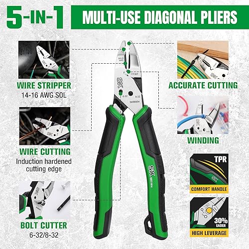 Miniatura 7 de SK Juego de alicates de 3 piezas, alicates multiusos de nariz de fideos de 8 pulgadas, alicates diagonales multiusos de 7 pulgadas y alicates