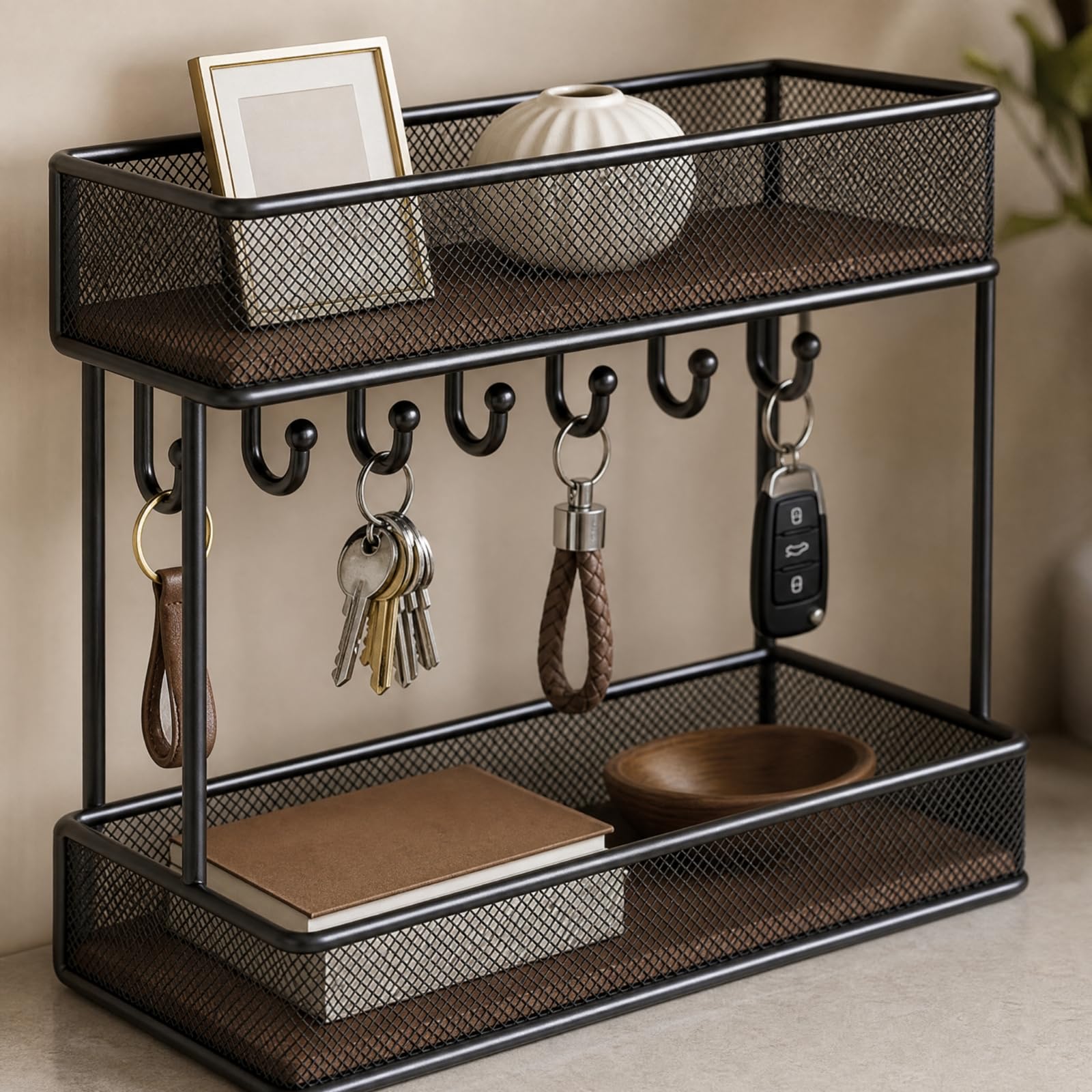 Organizador Escritorio con Colgadora y Ganchos Compacto Organizador Escritorio con Cesta Malla Práctico para Estantería, Rectángulo Negro