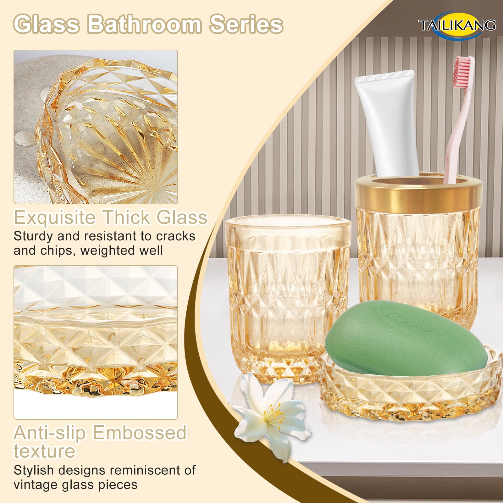 Set di accessori da bagno in vetro dorato, set completo di 5 accessori da bagno, decorazione moderna per il bagno con dispenser di sapone, piatto, portaspazzolino, bicchiere, bastoncini di cotone