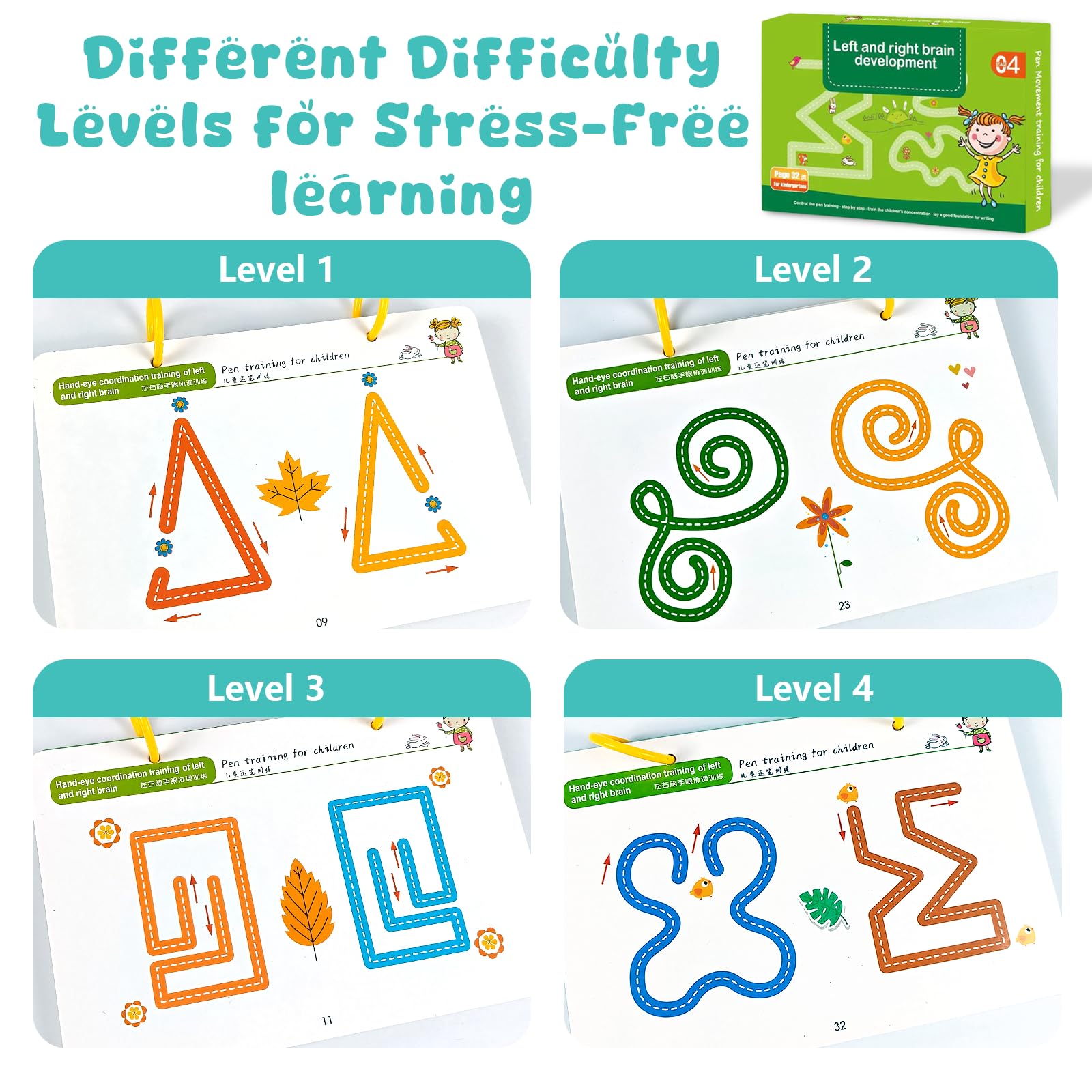 Scribble Smart Workbook Libro per Imparare a Scrivere Cancellabile Pregrafismo Riutilizzabile Prescolare Attività Bambini 3-6 Livello 1+4