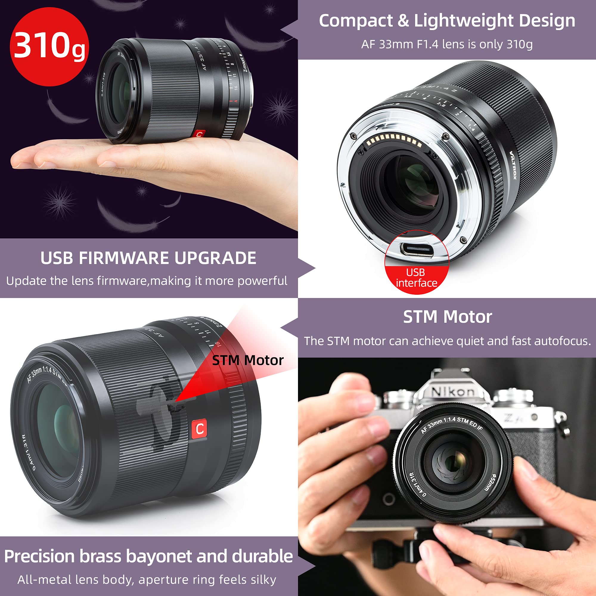 VILTROX 33mm F1.4 Z APS-C Obiettivo Messa a fuoco automatica con motore STM Supporto Eye-AF Z Mount Obiettivo per fotocamera Nikon Zfc Modello Z5 Z6 Z7 Z50 Z6Ⅱ Z7Ⅱ