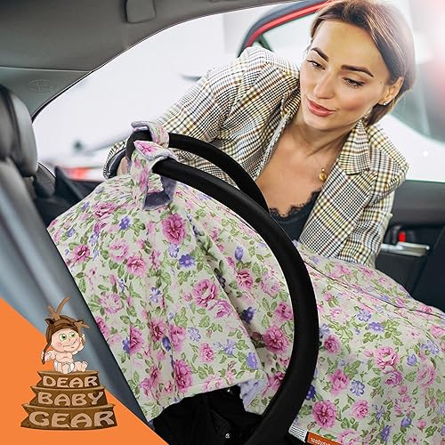 Miniatura 7 de Dear Baby Gear Toldo floral para asiento de automóvil para bebé con apertura de botón a presión, funda de asiento de automóvil para recién nacidos y