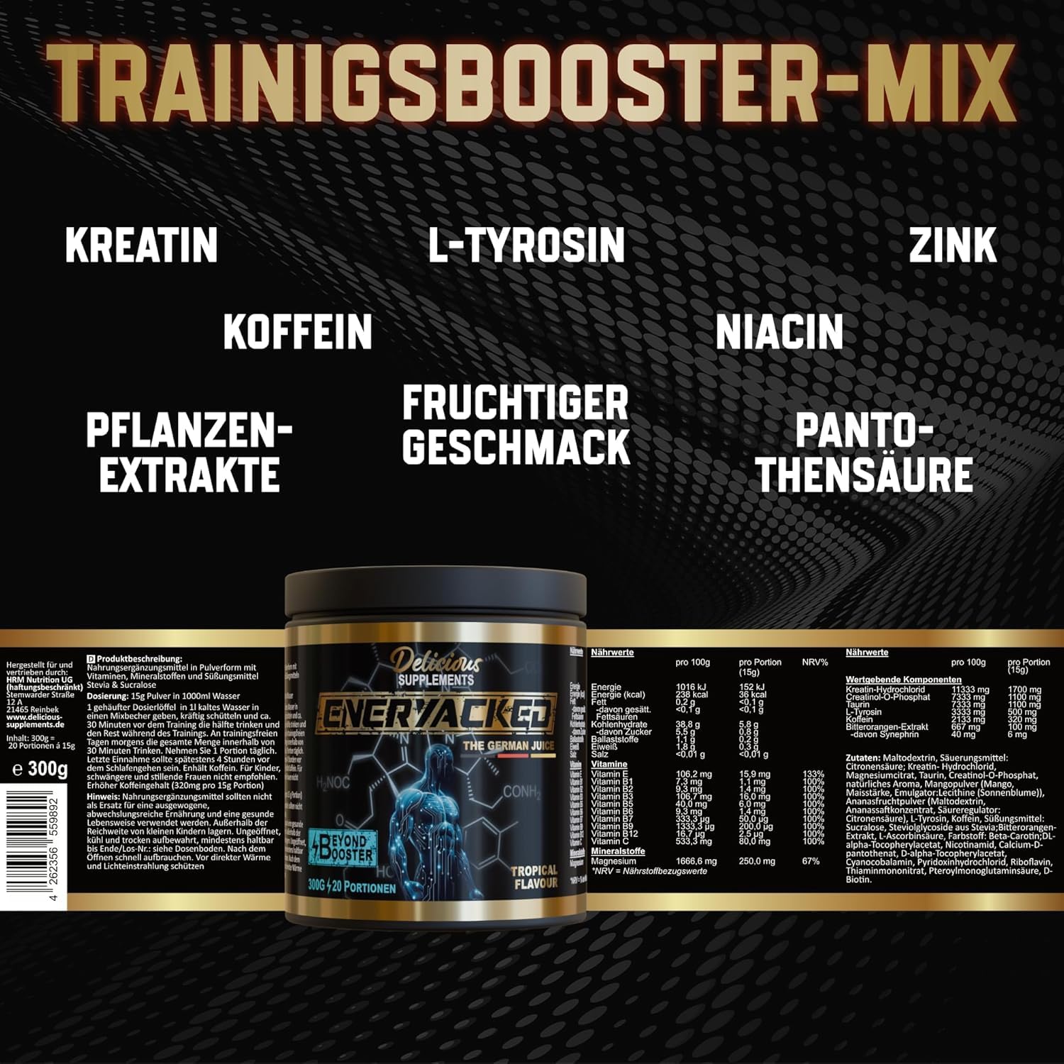 Eneryacked Booster - Pre Workout Booster mit Kreatin Monohydrat, Koffein & Aminosäuren - 60 Portionen (900g) - für Fokusphasen beim Training, mit Geschmack - Delicious Supplements - Made in Germany