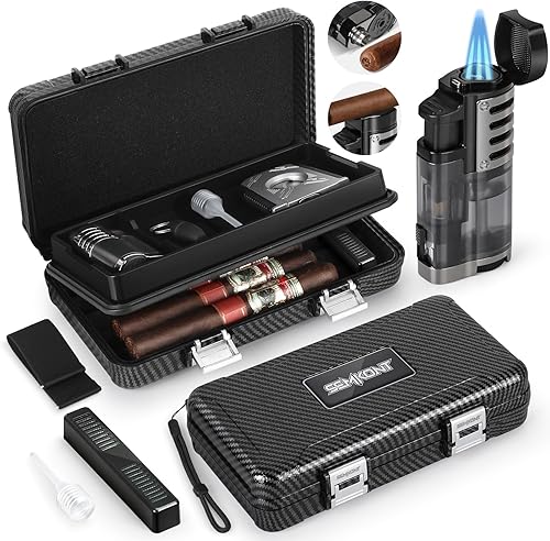 SEMKONT - Humidor de puros, caja de cigarros de viaje portátil, humidor de cigarros doble con almacenamiento separado para accesorios de puros,