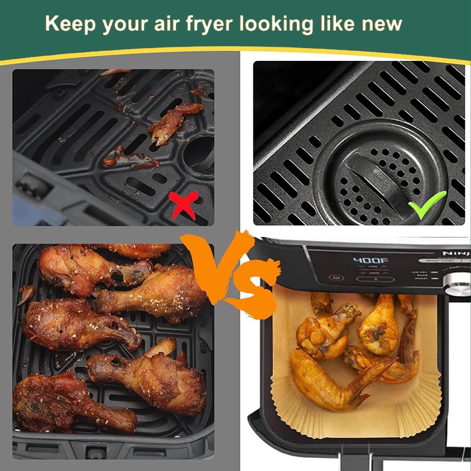 Papier Cuisson pour Ninja Air Fryer, 100 Pièces Rectangulaires 20x14cm Sulfurisé Épaissi