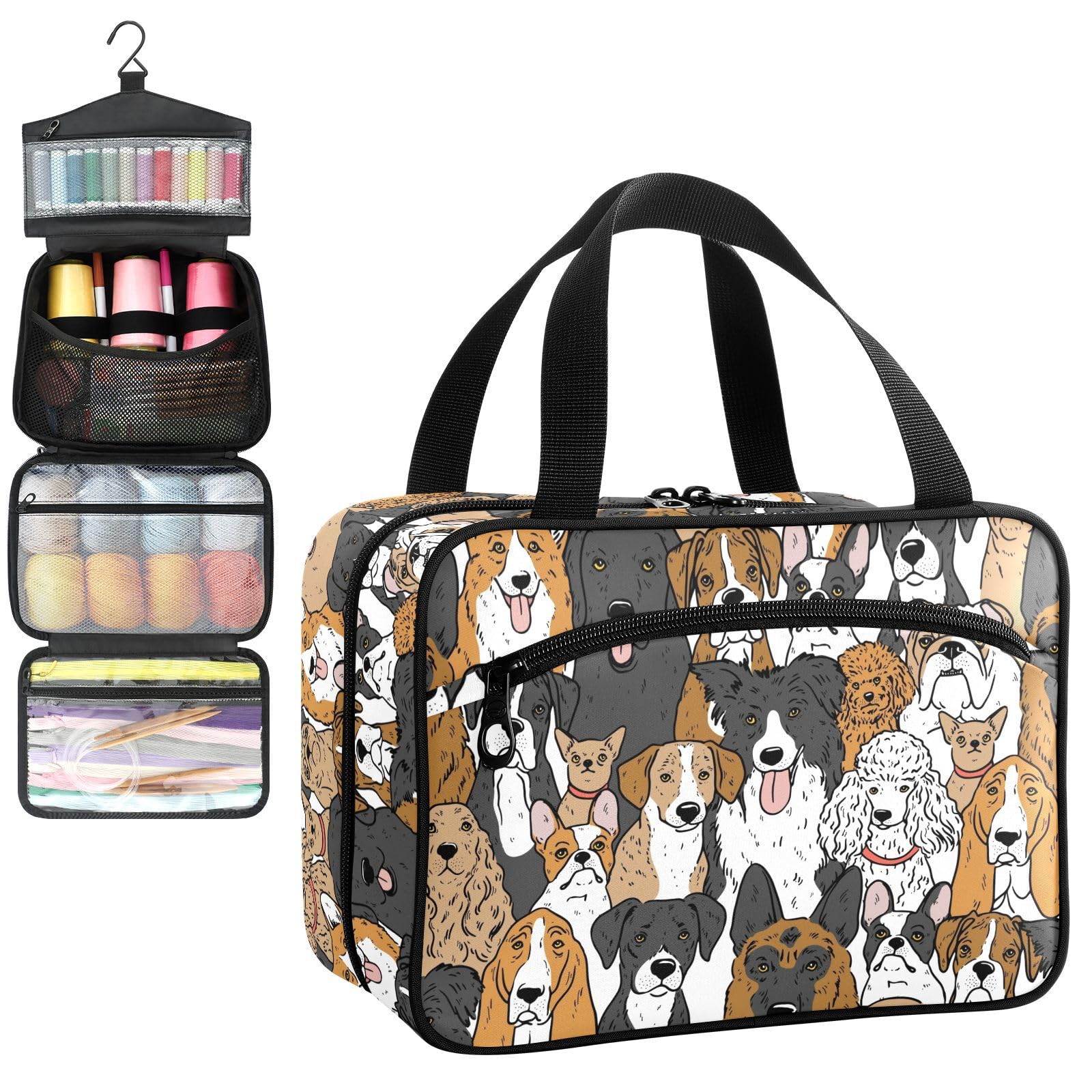 YNNALE Sewing Supply Organizer Bag, Cute Dog German Shepherd Poodle Dogs Portable Sewing Bags with Pockets&Hanger, Sewing Storage Box Case for Sew Supplies/Kit/Tools/Accessories (BAG ONLY)