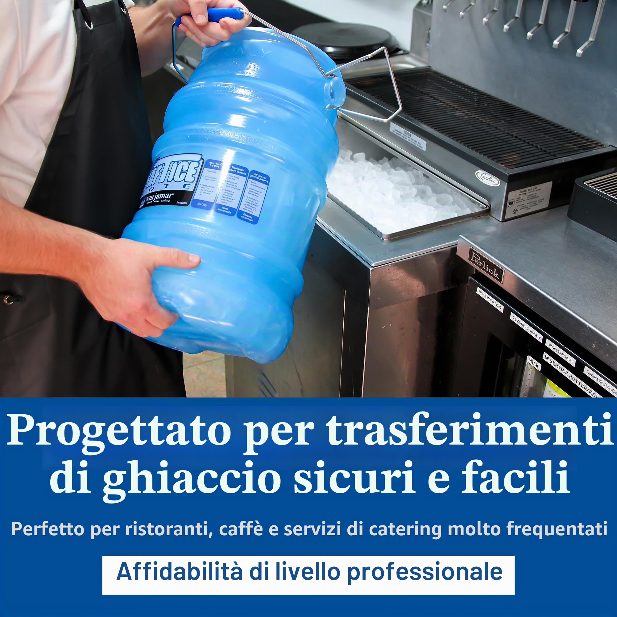 San Jamar Saf-T-Ice - Sacchetti per ghiaccio con gancio per macchina per il ghiaccio per bar, ristoranti, cucine e fast food, 18 litri, colore: blu