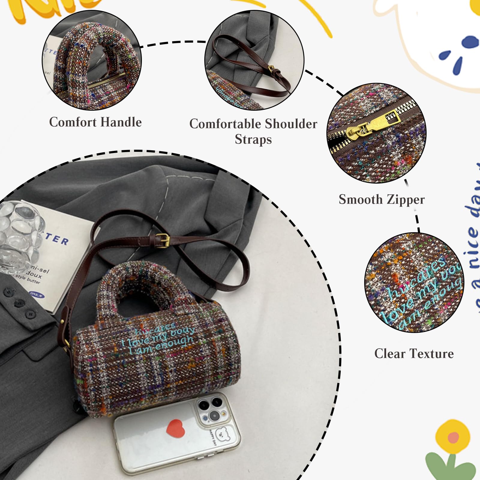 Bolso Bandolera para Mujer Bolso de Mano de Lona Bolsos Cilíndricos Media Bolsa Shopper Ligero Bolso de Hombro Bolsos Cruzados Retro Bolso Tote para Viajes Trabajo Citas Compras Café