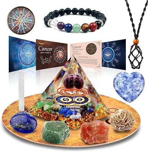 vuUUuv Pirámide de orgón del horóscopo y juego de regalo de cristal curativo piedras del signo del zodiaco para piedra natal compañera para