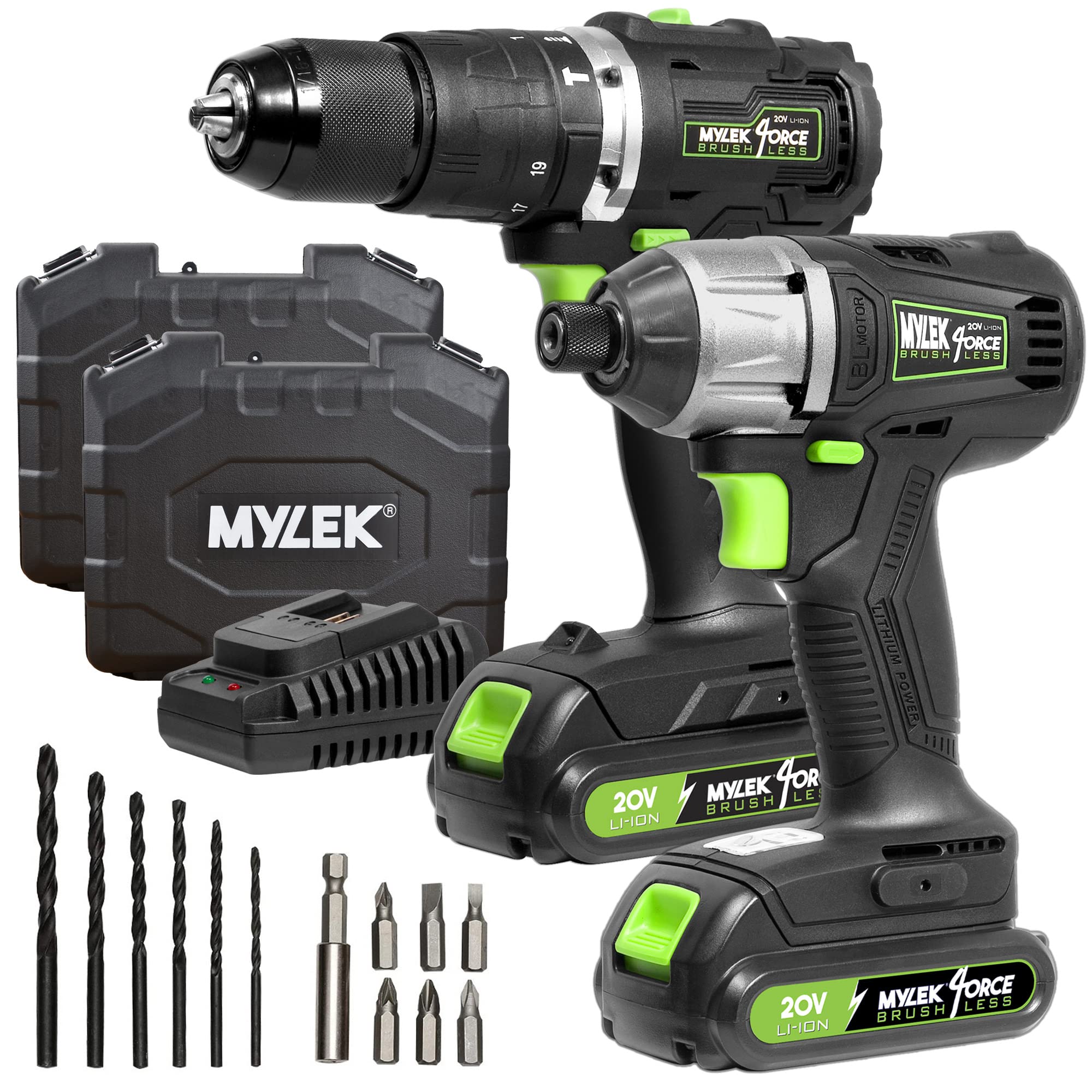 Mylek 20V Cordless Drill and Impact Driver Brushless Combo Set with LED Work Light, 2 x 2000Ah Batteries and Fast Chargers, Forward and Reverse โ image 1