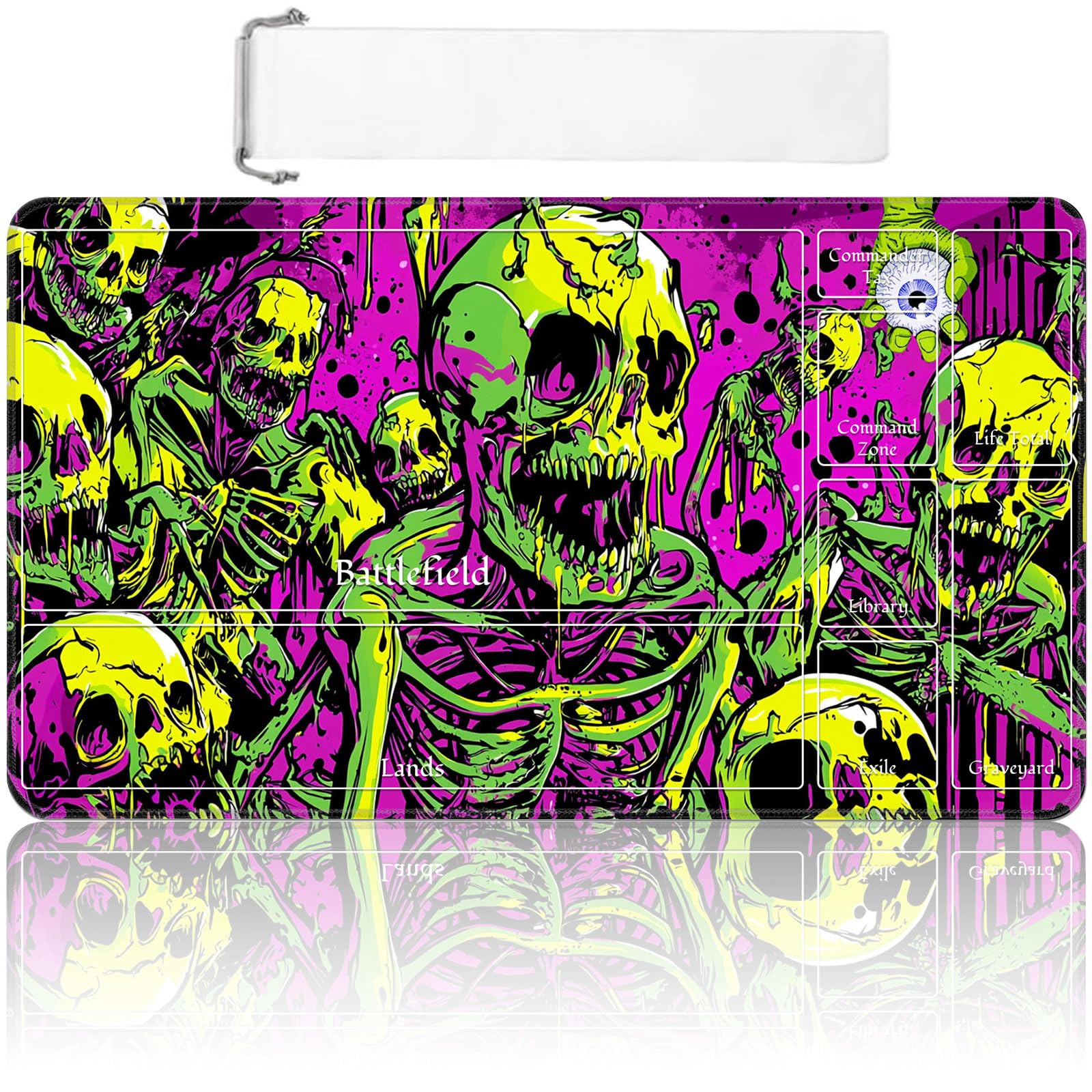 MTG Playmat with Zones 24x14 Inch – Trading Card Game Mat for Magic The Gathering, TCG Playmat with Free Storage Bag, Non-Slip Rubber Base Card Battle Play Mat, Neon Skeletons