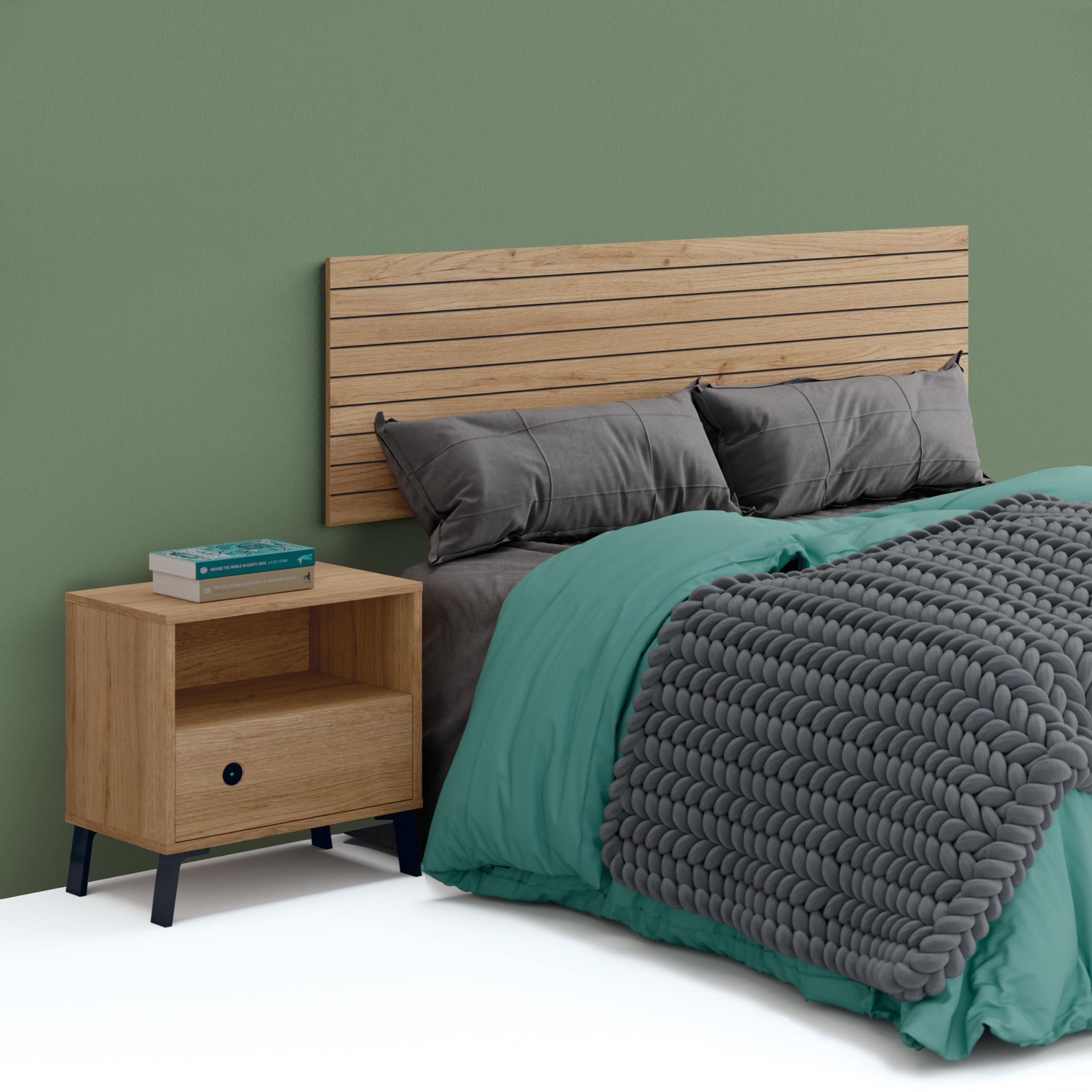 MUEBLES PITARCH | Cabecero Listones serigrafía, Cama Doble de 150, Moderno Industrial, Roble Gold, 50x160x1,6cm, Dormitorio de Matrimonio, Colección Camila