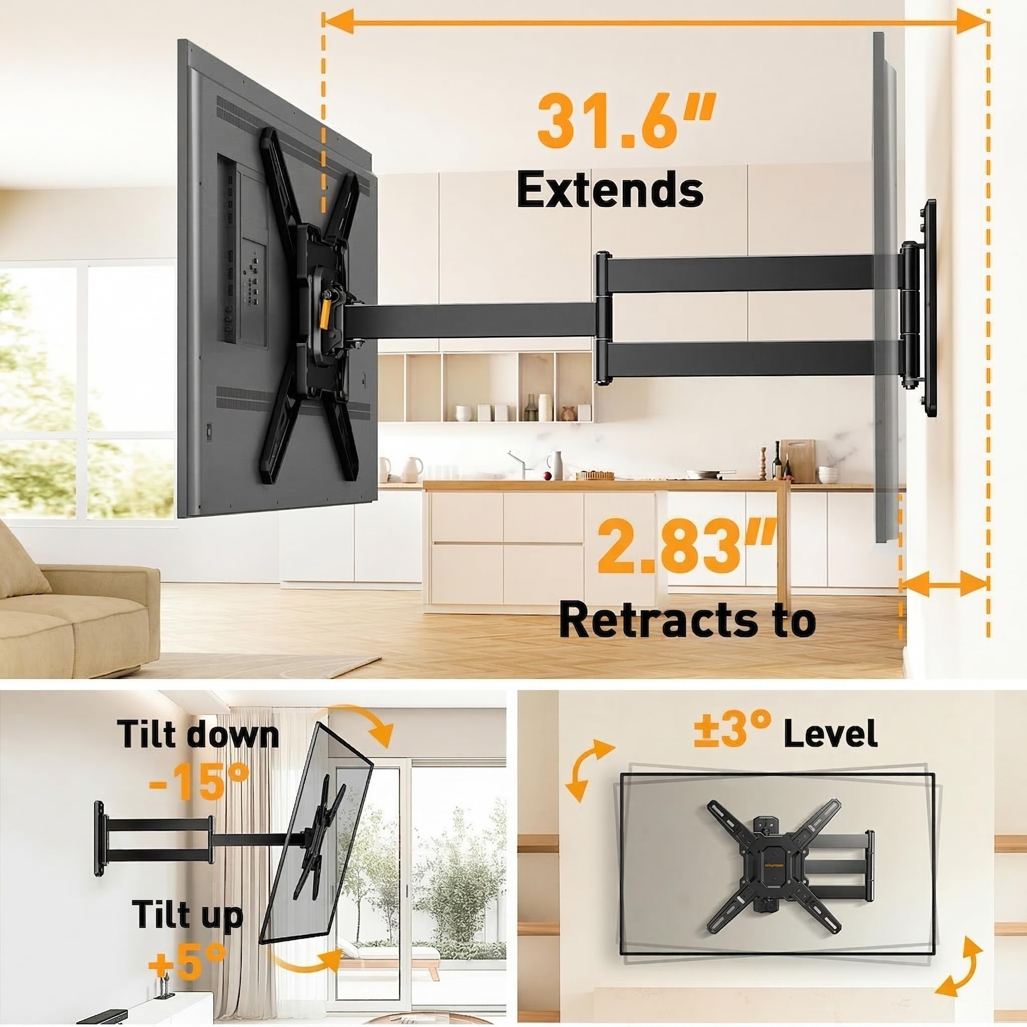 Perlegear Supporto da parete per TV a braccio lungo per TV da 26-65 pollici, staffa di montaggio TV angolare con estensione da 31 pollici, braccio articolato girevole e inclinabile, VESA max 400 x 400