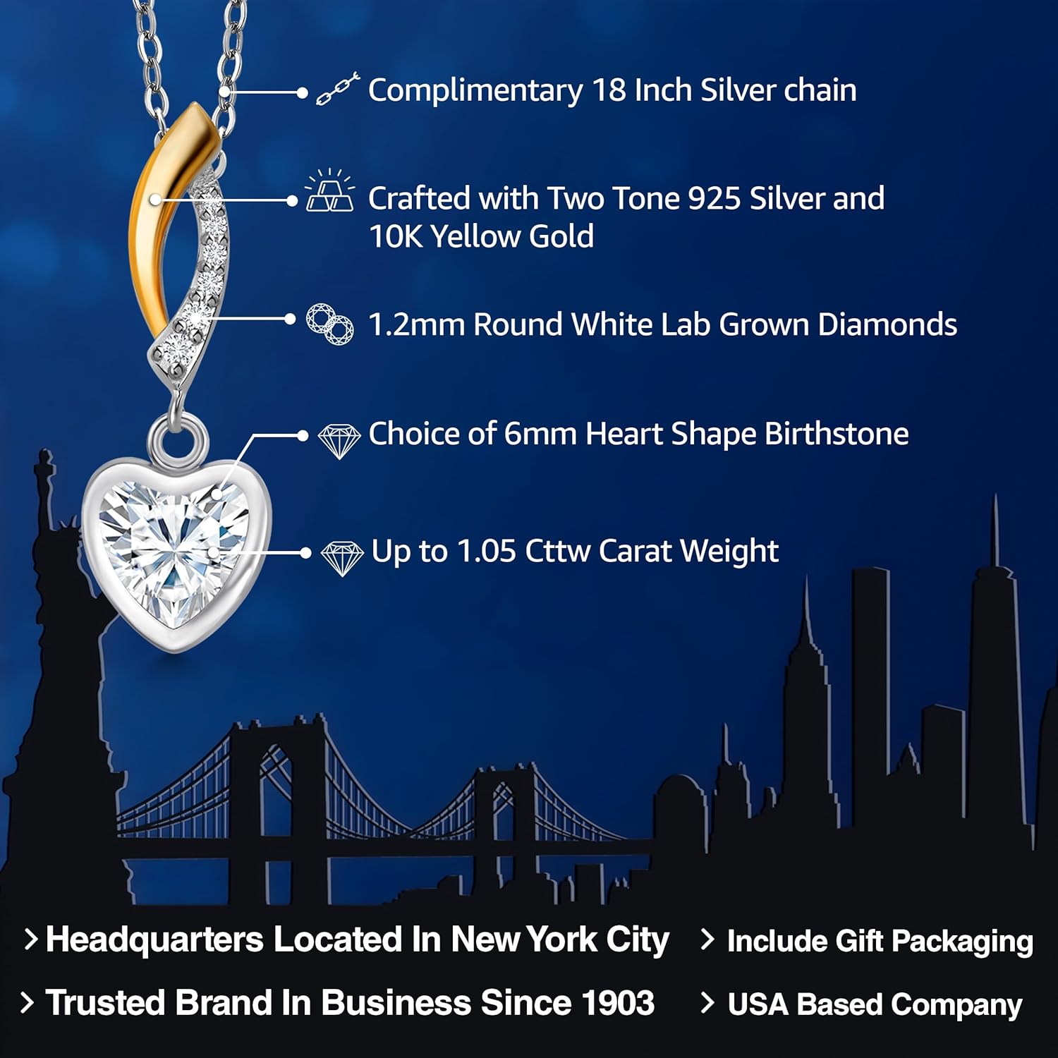 Gem Stone King 2 Tone 925 Silver and 10K Yellow Gold Personalized and Customized Heart Shape 6MM Gemstone Birthstone and White Lab Grown Diamond Pendant Necklace for Women with 18 Inch Chain - Image 2