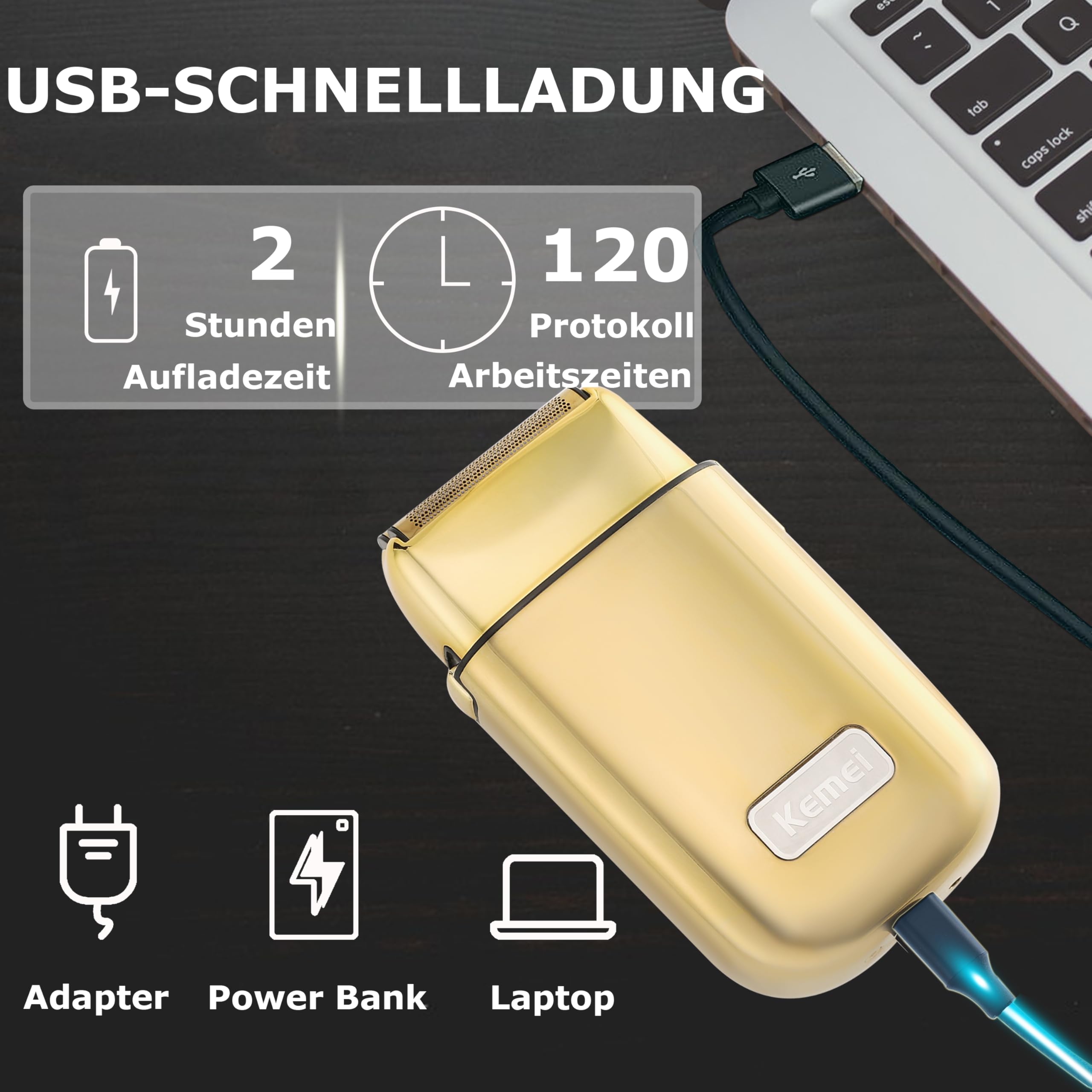 Kemei Elektrorasierer für Männer, Kabelloser Metall-Doppelfolienrasierer