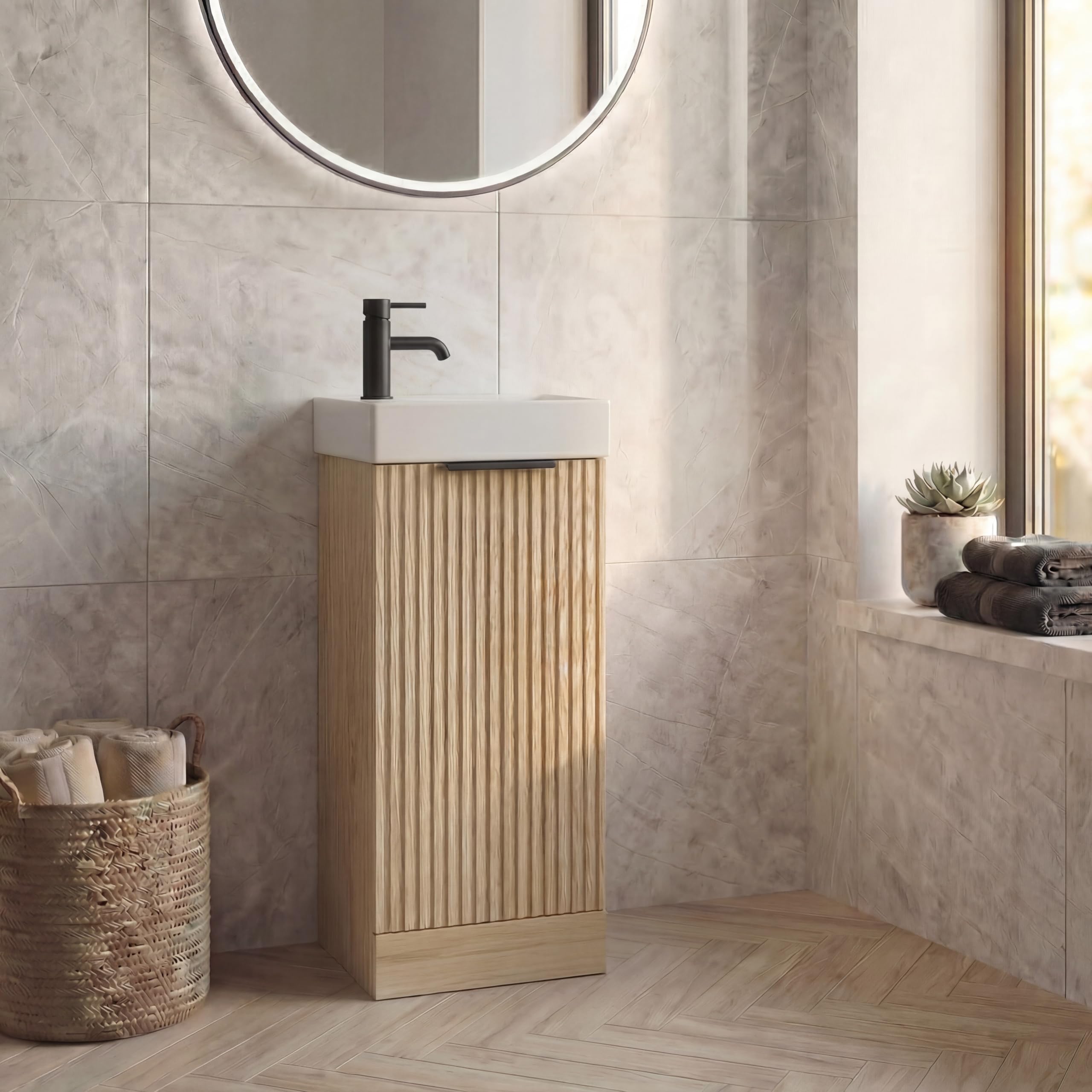 BAYSTONE® Fluted 400mm Bathroom Vanity Unit Ceramic Wash Sink, Cloakroom Storage Furniture Under Basin Cabinet Floorstanding Cupboard, Wood