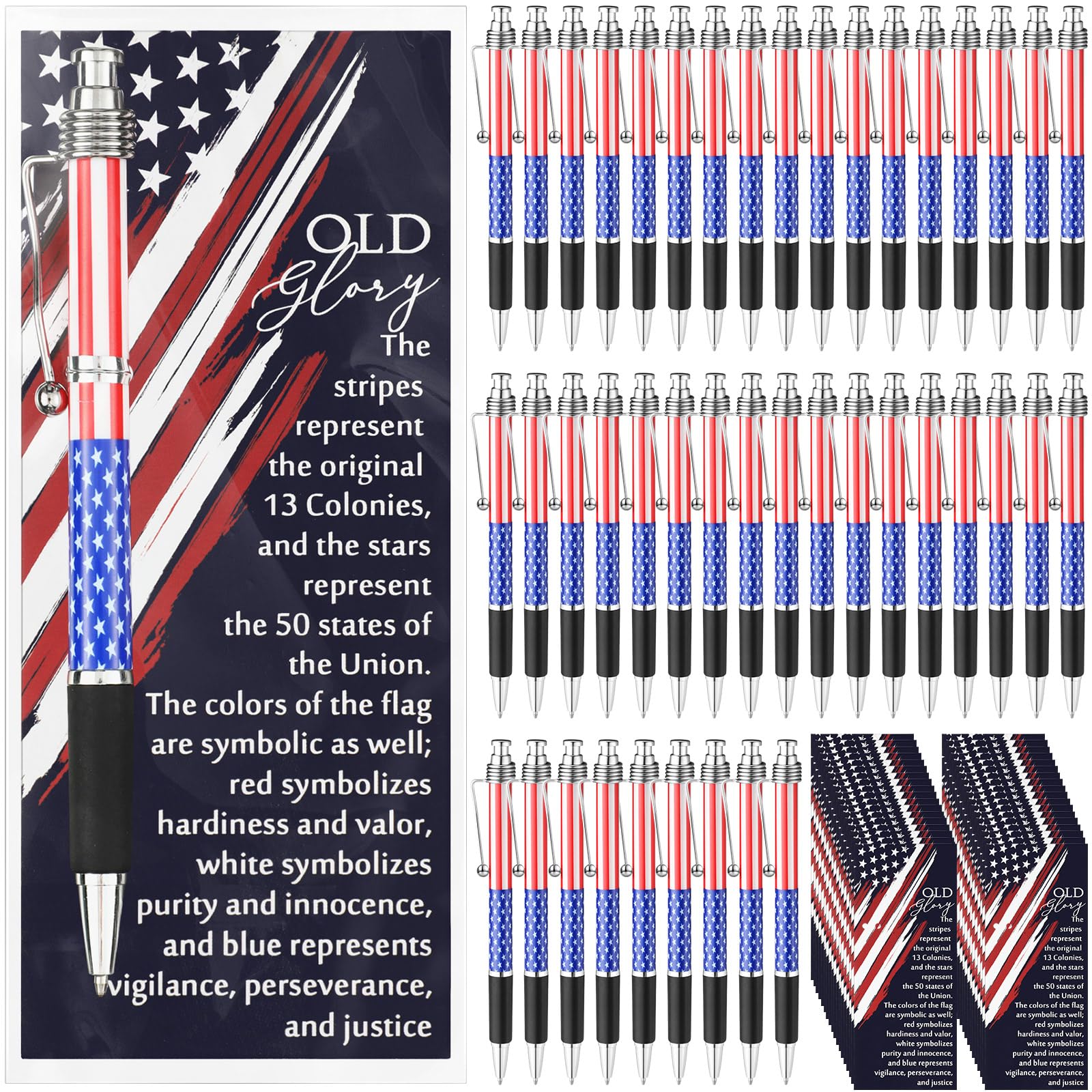 Motiskyy 200 Sets American Flag Ballpoint Pens Bulk USA Patriotic Themed Black Ink Retractable Pen Stars Stripes Bookmarks Stationery Valentines Party