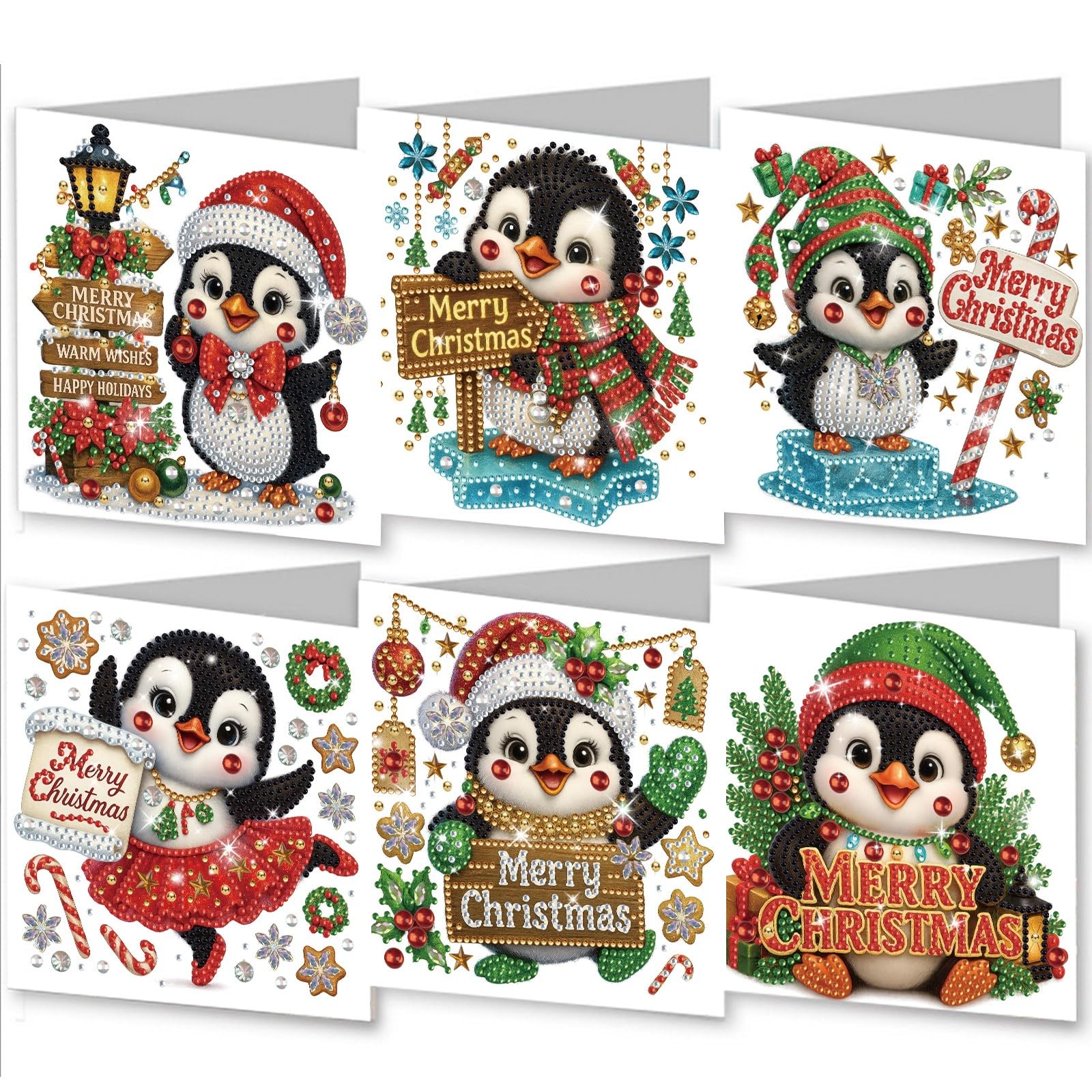 Lebartm 6Pcs Folding Christmas Greeting Card DIY Diamond Art Painting Creative Design Foldable Thank You Cards with White Envelopes Blessing Greeting Card Set for Festival Birthday-Penguin โ image 1