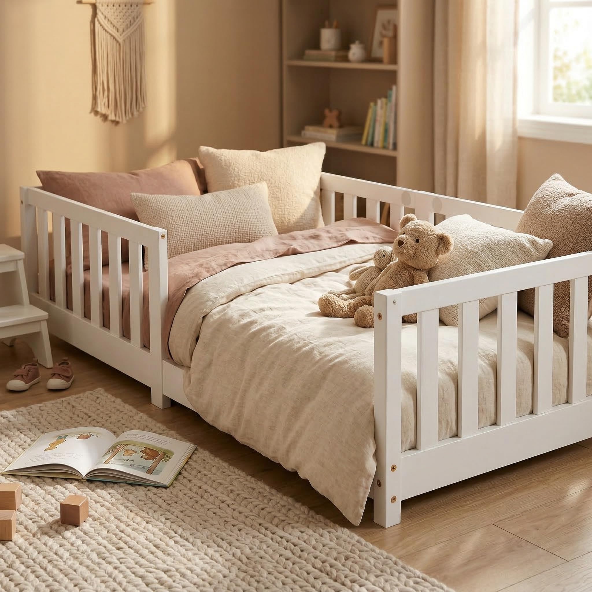ecomi® Kinderbett 80x160 mit Rausfallschutz Bodenbett Kinder Bett mit Lattenrost für Kinder Kinderbetten für Mädchen und Jungen Massivholz Kiefer in Weiß