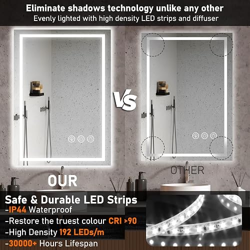 Ratsamee LED Bathroom Wall Mirror with LED Lights - 500×700 MM Anti-Fog Vanity Mirror, 3-Color Dimmable Frontlit Illumination for Makeup, Wall Mounted Bathroom Lighting - 6