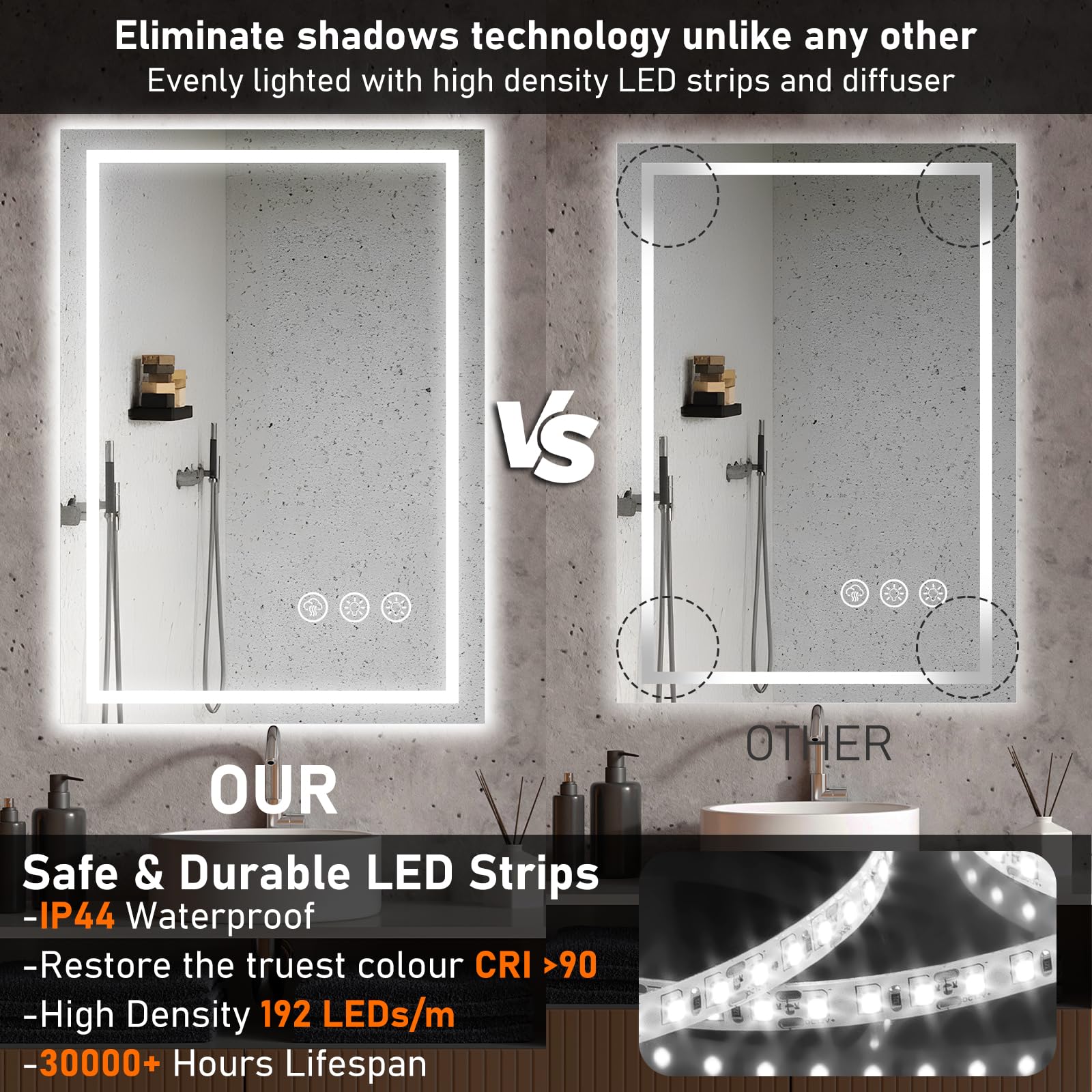 Ratsamee Badspiegel mit Beleuchtung LED, 50x70cm Spiegel mit Light, Wandspiegel mit Frontbeleuchtung, Antibeschlagfunktion, Dimmbar, mit 3 Einstellbaren Lichtfarben