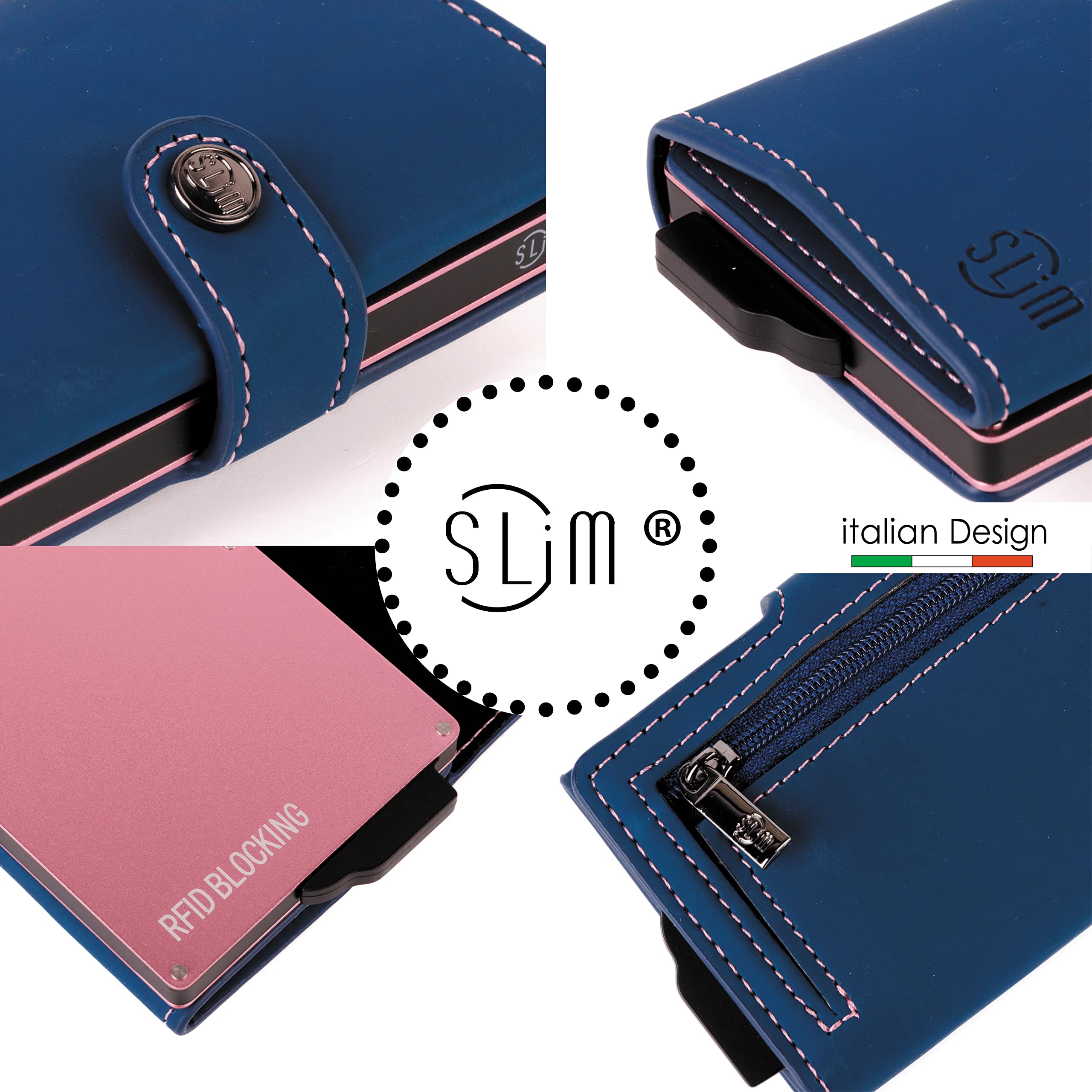 SLim Porta Carte di Credito Schermato Portafoglio Uomo Rfid Portatessere Anticlonazione Donna Portacarte Uomo (Blu Cuciture Rosa, Con Zip)