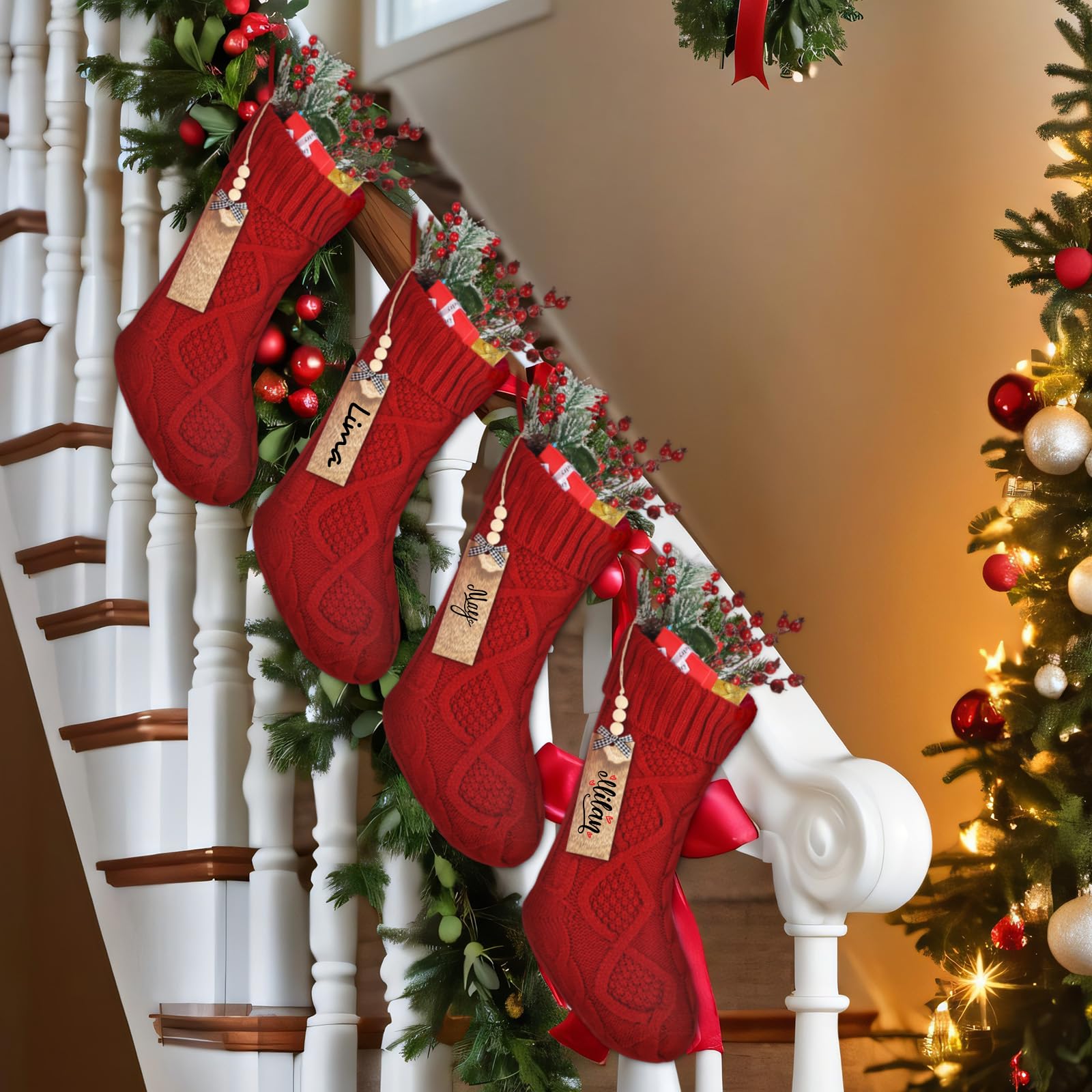 Cozypower Weihnachtsstrümpfe mit Namensschild, 45,7 cm, große Zopfstrickstrümpfe, Weihnachtsstrumpf, Kamin, hängende Strumpf, Geschenktüten für Kamin, Weihnachtsbaumschmuck, Rot, 4 Stück