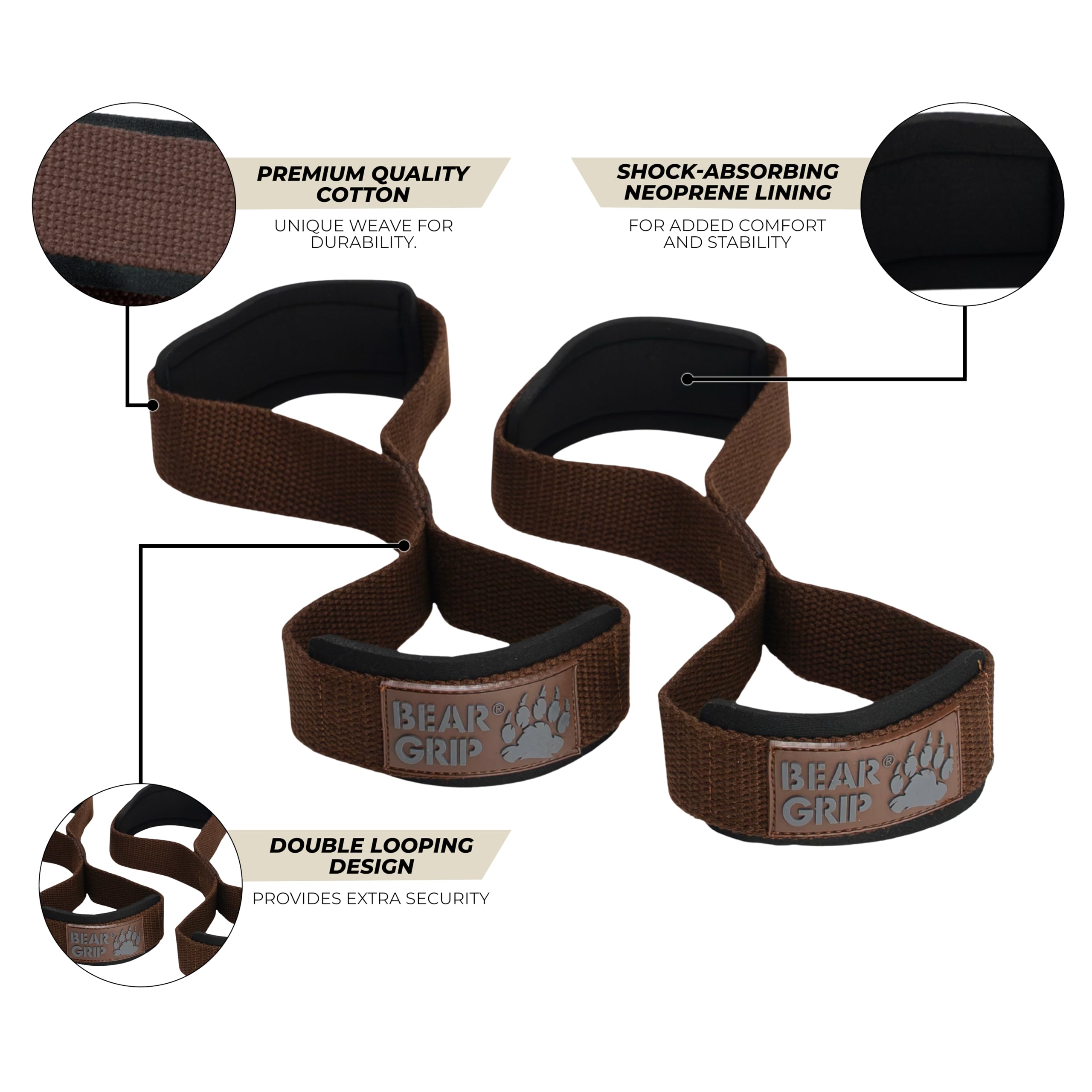 BEAR GRIP - Paski do podnoszenia ciężarów premium Figura 8 (sprzedawane parami) (brązowe)