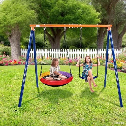 Miniatura 8 de Juego de columpios de metal resistente de 500 libras para patio trasero, marco A 2 en 1 para exteriores con columpio de platillo de 32 pulgadas y