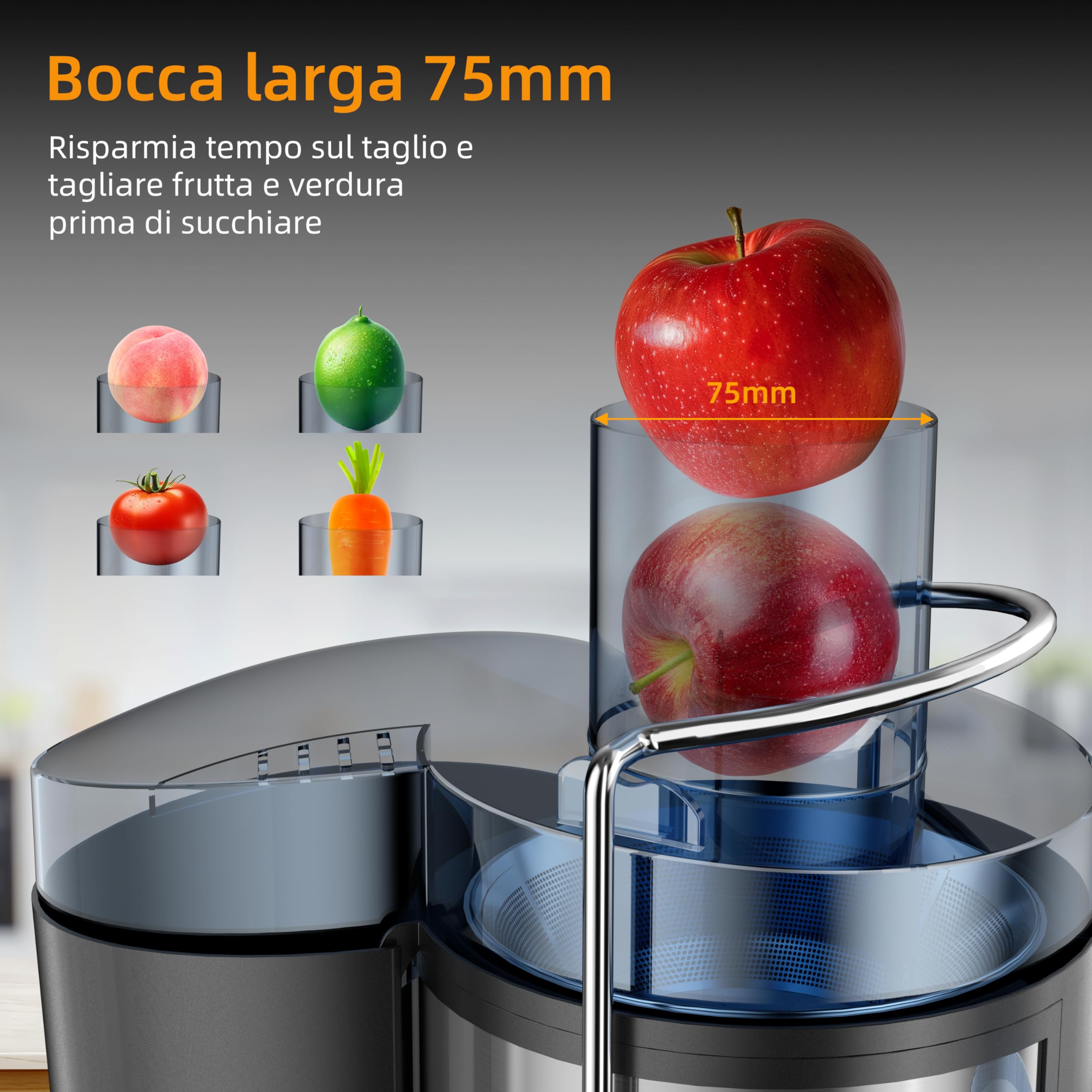 Centrifuga Frutta e Verdura, 3 Velocità di Regolazione, 800W Estrattore Frutta e Verdura con 75 MM Bocca Larga, Facile da Pulire, Acciaio Inossidabile Senza BPA (Argento-150)