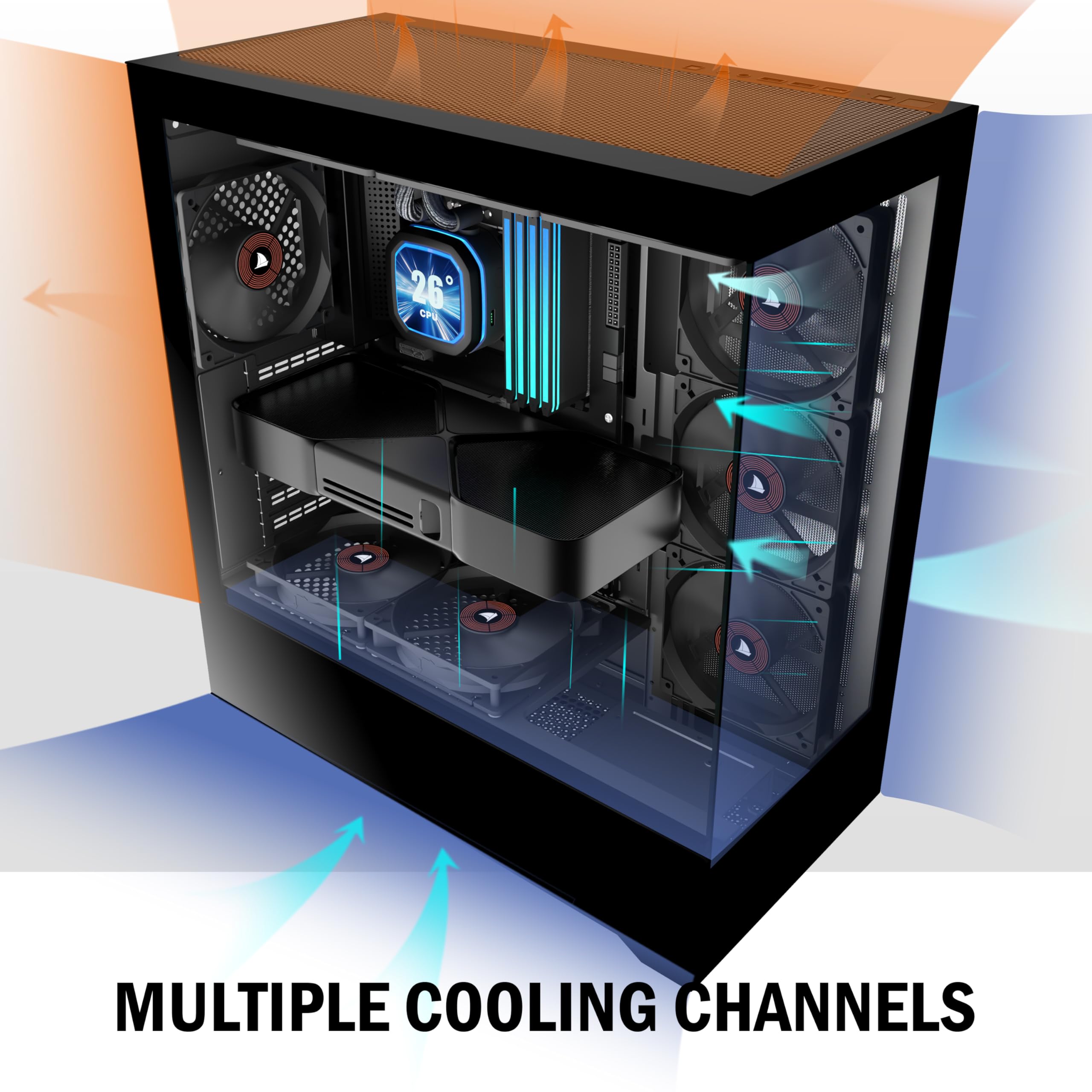 PC CASE ATX 4 Ventole preinstallate, Type-C Mid Tower case per computer con doppia vista in vetro temperato full-view, custodia per PC da gioco, nero, P4