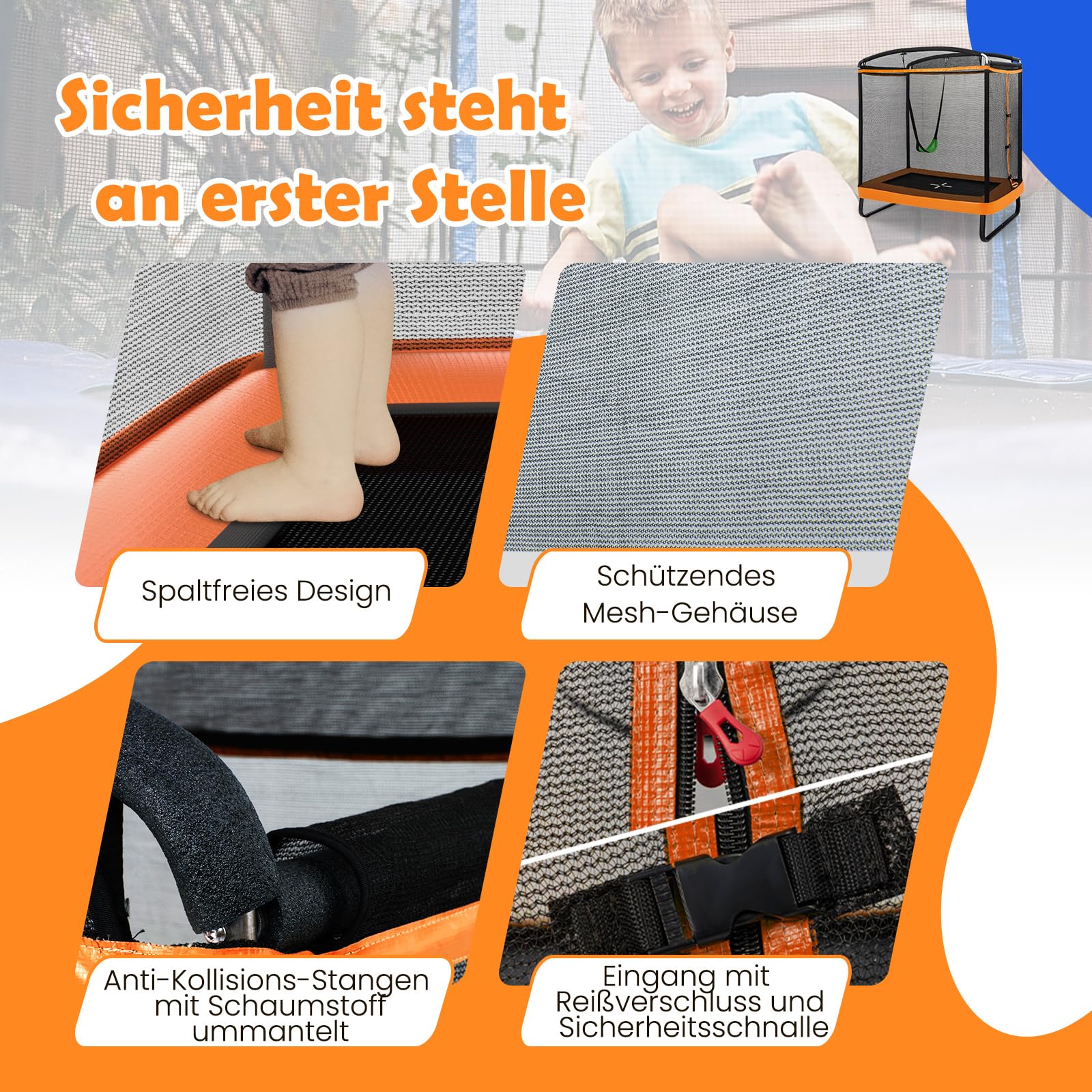 GYMAX 2 in 1 Trampolin, Freizeittrampolin mit Schaukel & Sicherheitsnetz, Kindertrampolin, Gartentrampolin, Outdoor-Trampolin für Kinder ab 3 Jahren, 190x122x210 cm