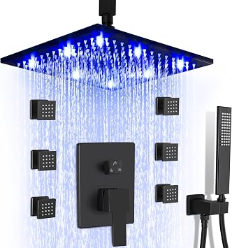 SKOWLL Matte Black Shower Faucet Set, High Pressure Ceiling 12 Inch LED Shower Head with Handheld Bathroom Full Body Shower System Include 6 Body Spray Jet