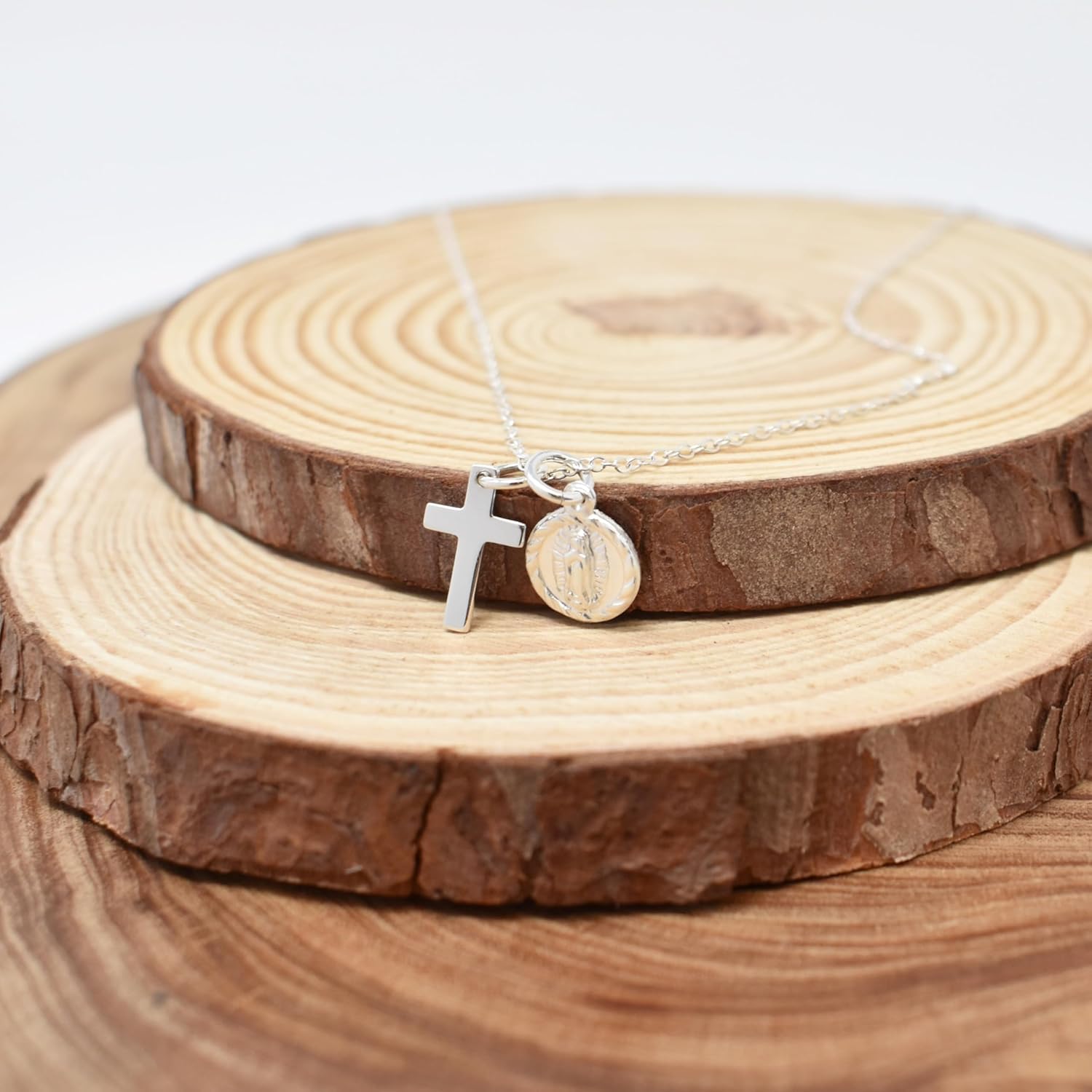 MOM & THREE DAUGHTERS Tiny Cross and Virgin Mary Necklace | 14" Sterling Silver Cable Chain | Little Girl's Jewelry | - Image 3