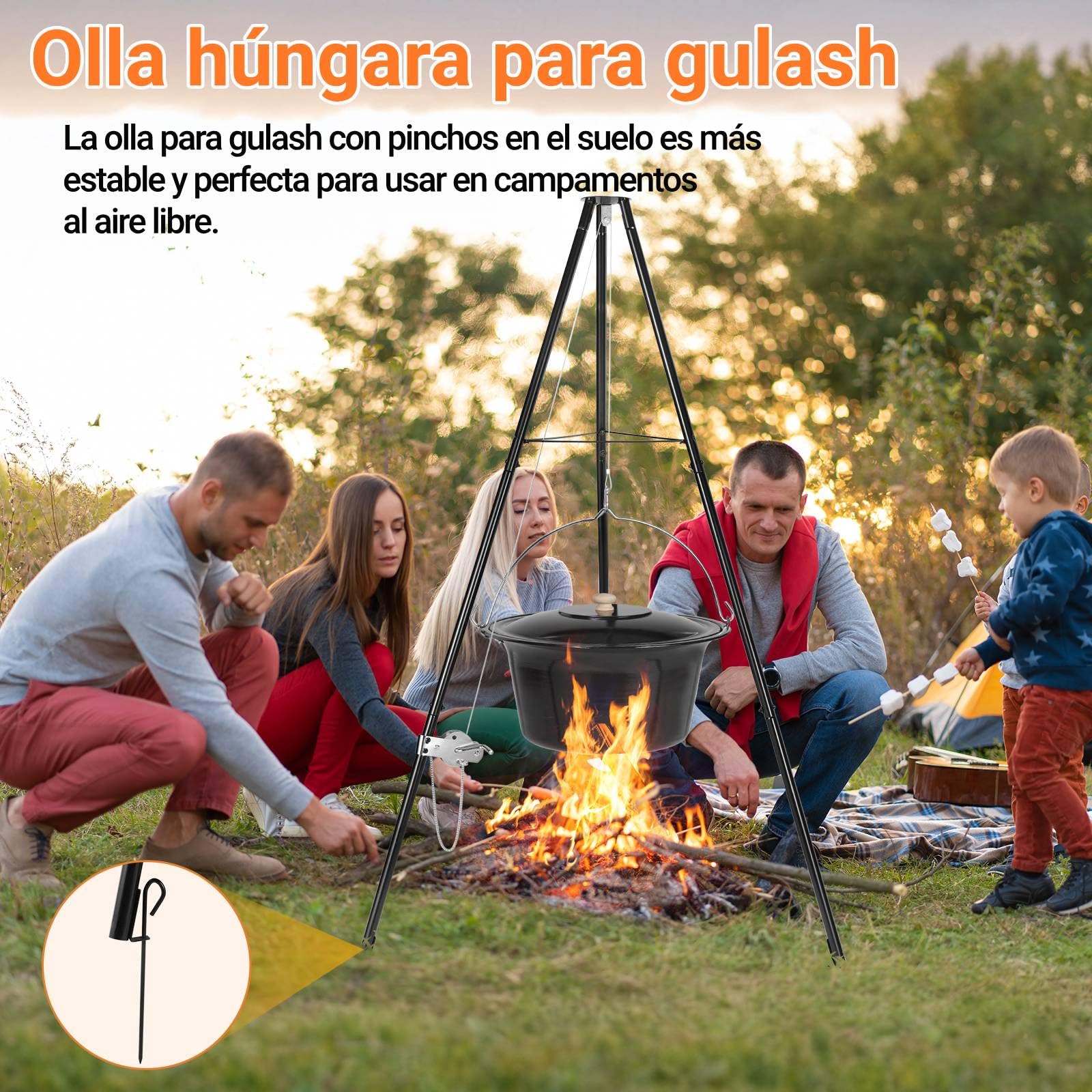 Hervidor para Goulash de 30L con Trípode y Cuchara, Hervidor para Gulash Original Húngaro, Olla para Gulash Esmaltada, con Cadena de Altura Ajustable, Juego de Olla para Gulash, para 25-30 Personas
