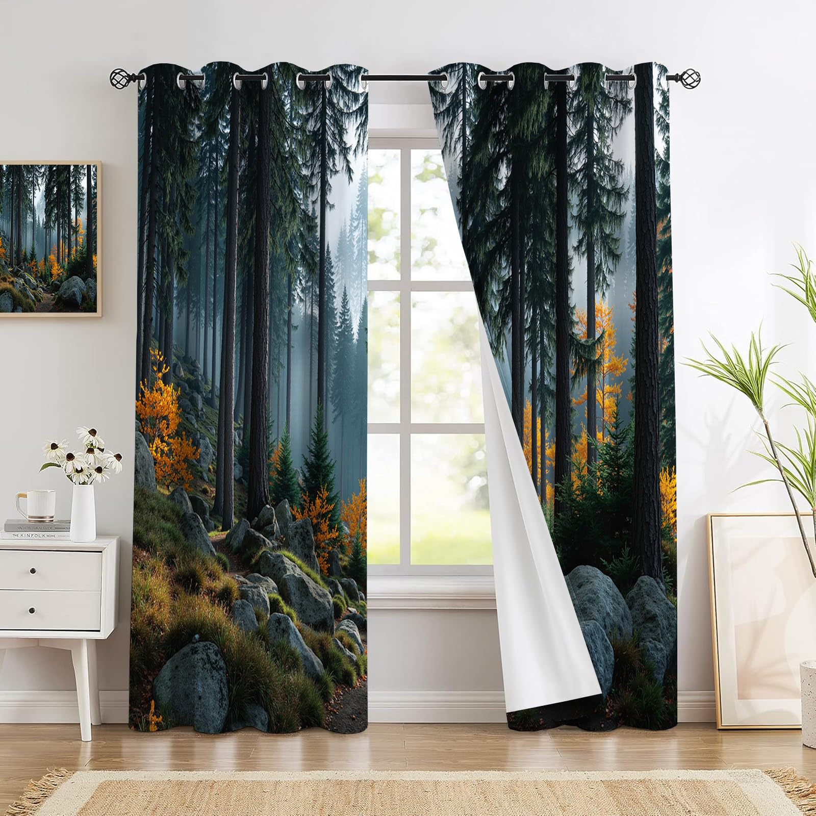 Rideaux paysage rocheux pour salon et décoration de fenêtre style forêt nature sauvage