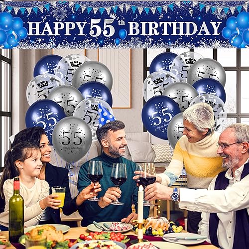 Miniatura 5 de Decoraciones azules de cumpleaños n. 55 para hombres y mujeres, pancarta azul marino y plateado de feliz cumpleaños 55, globos azules de cumpleaños