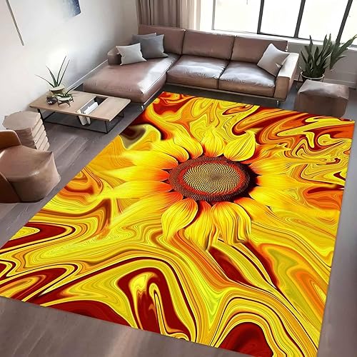 Miniatura 9 de Alfombra de área de girasol, 3 x 5 pies, alfombra con estampado de girasol rojo y blanco, decoración moderna floral 3D para sala de estar,