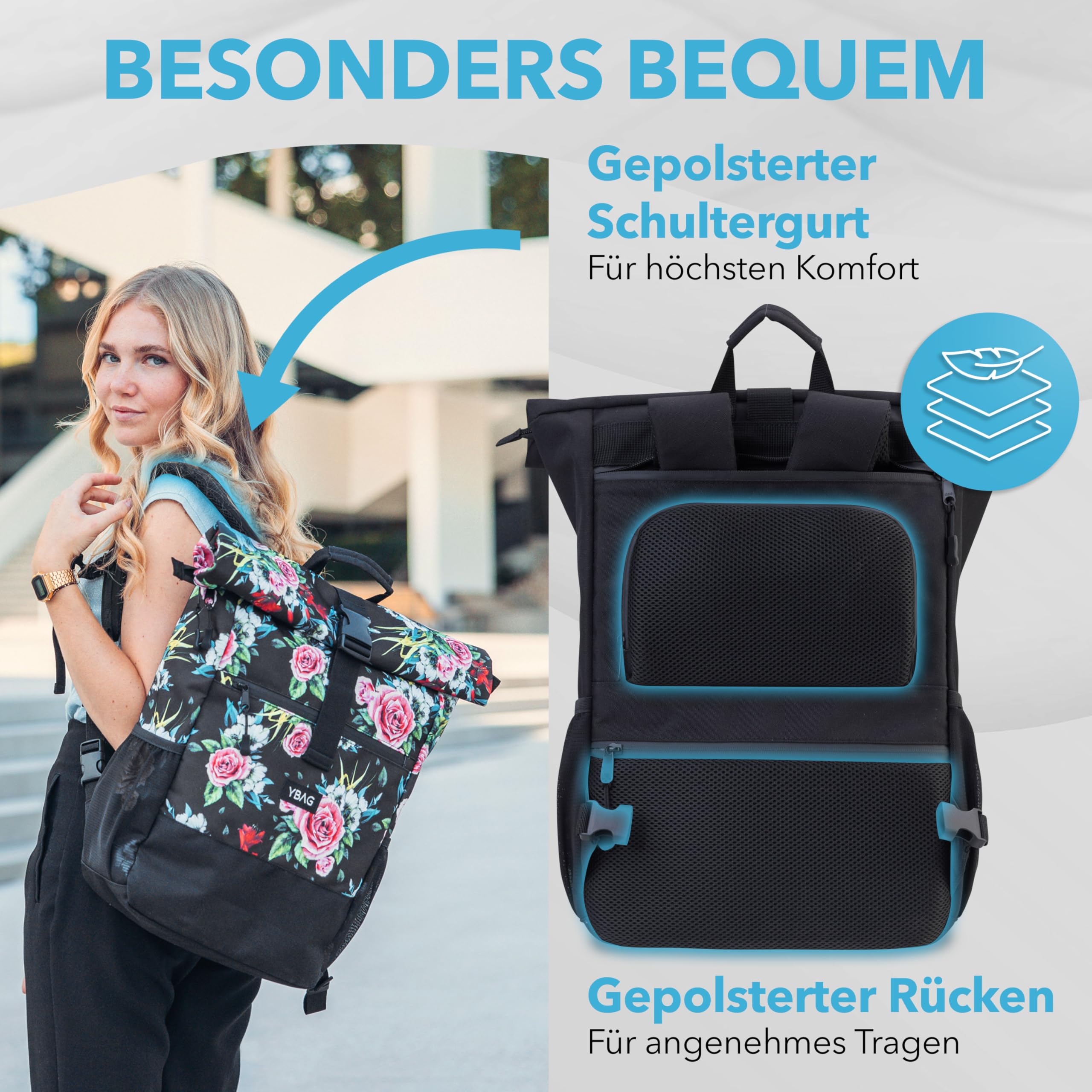 YBAG Daily - 2in1 Nachhaltige Fahrradtasche für Damen - Geeignet als Gepäckträgertasche und Rucksack mit Laptopfach für Büro und Einkauf (Flower)