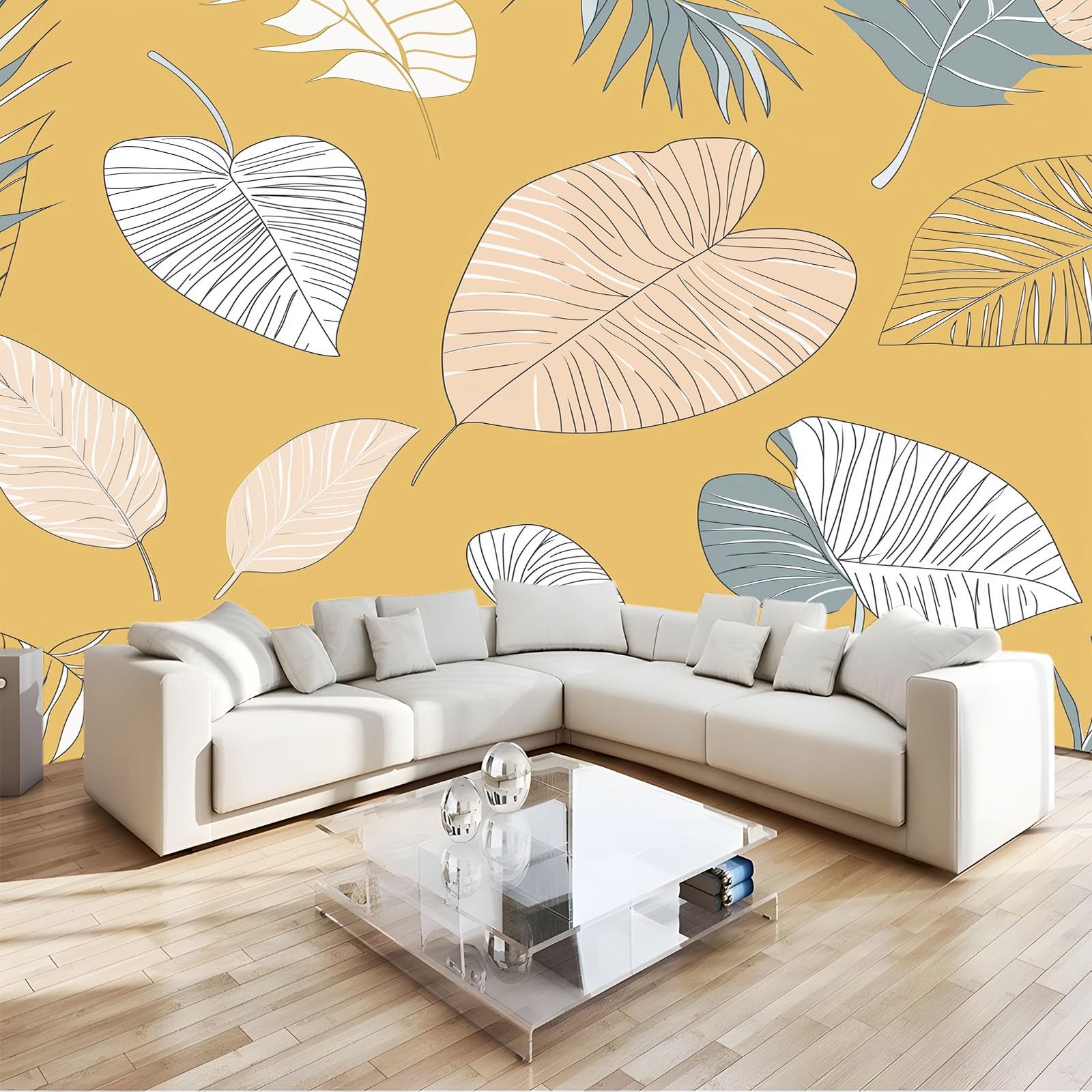 Fototapeta z motywem tropikalnych liści, kwiatów, minimalistyczna tapeta 250 x 175 cm, efekt 3D, obraz ścienny, tapeta ścienna, nowoczesna tapeta ścienna, do salonu, pokoju dziecięcego, sypialni, tło