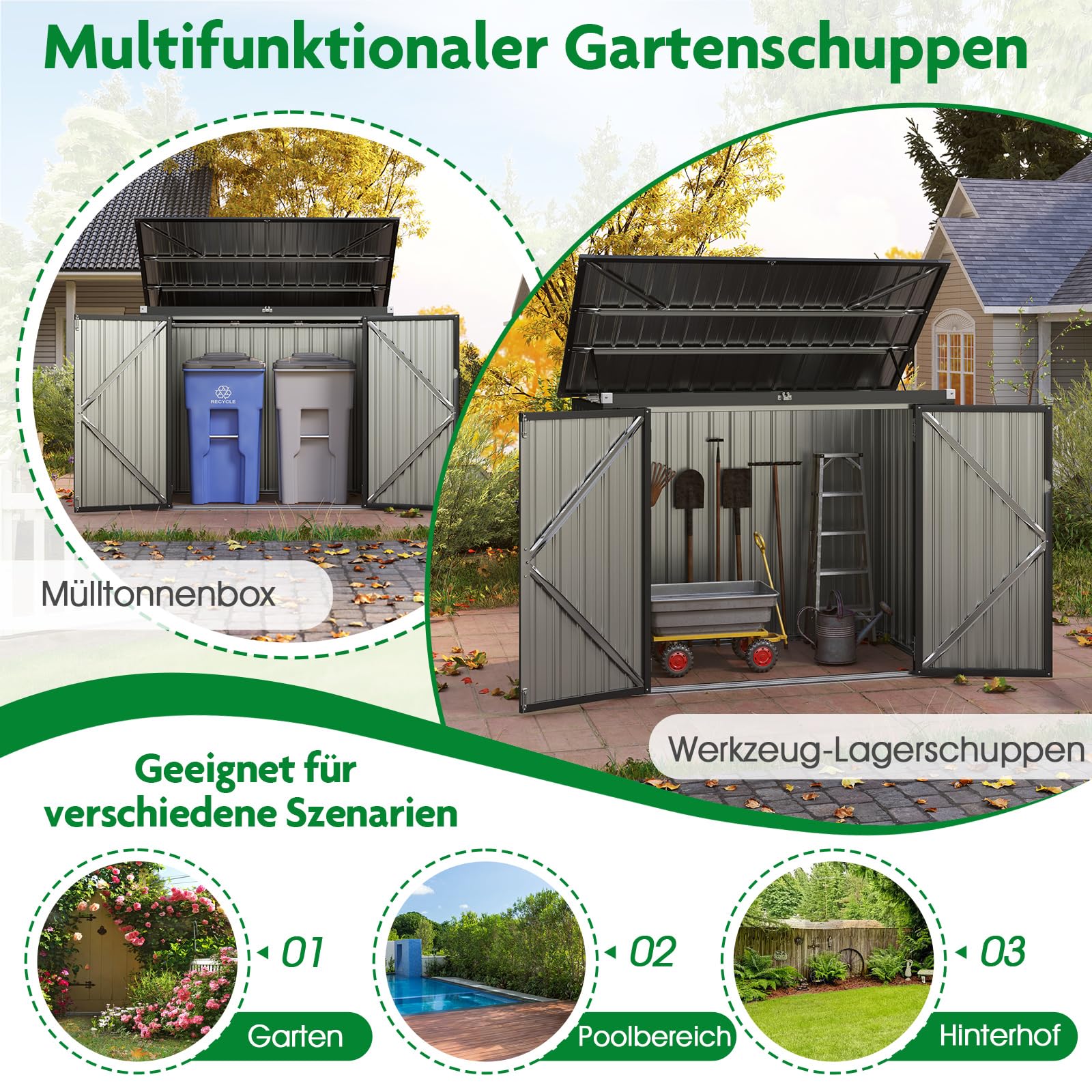 COSTWAY Mülltonnenbox für 2 Mülltonnen, Müllbox aus verzinktem Metall, Müllhaus mit 2 Türen & Klappdeckel, Mülltonnenschuppen abschließbar wetterfest, anthrazit, Gartenbox Garten, 172 x 95,5 x 130 cm